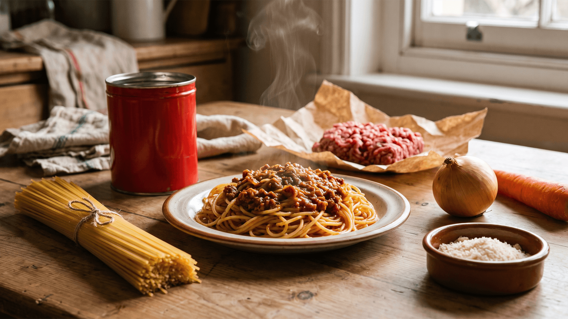 A plate of spaghetti Bolognese with the base ingredients – minced meat, pasta, passata, onion, carrot and celery – on a kitchen table.