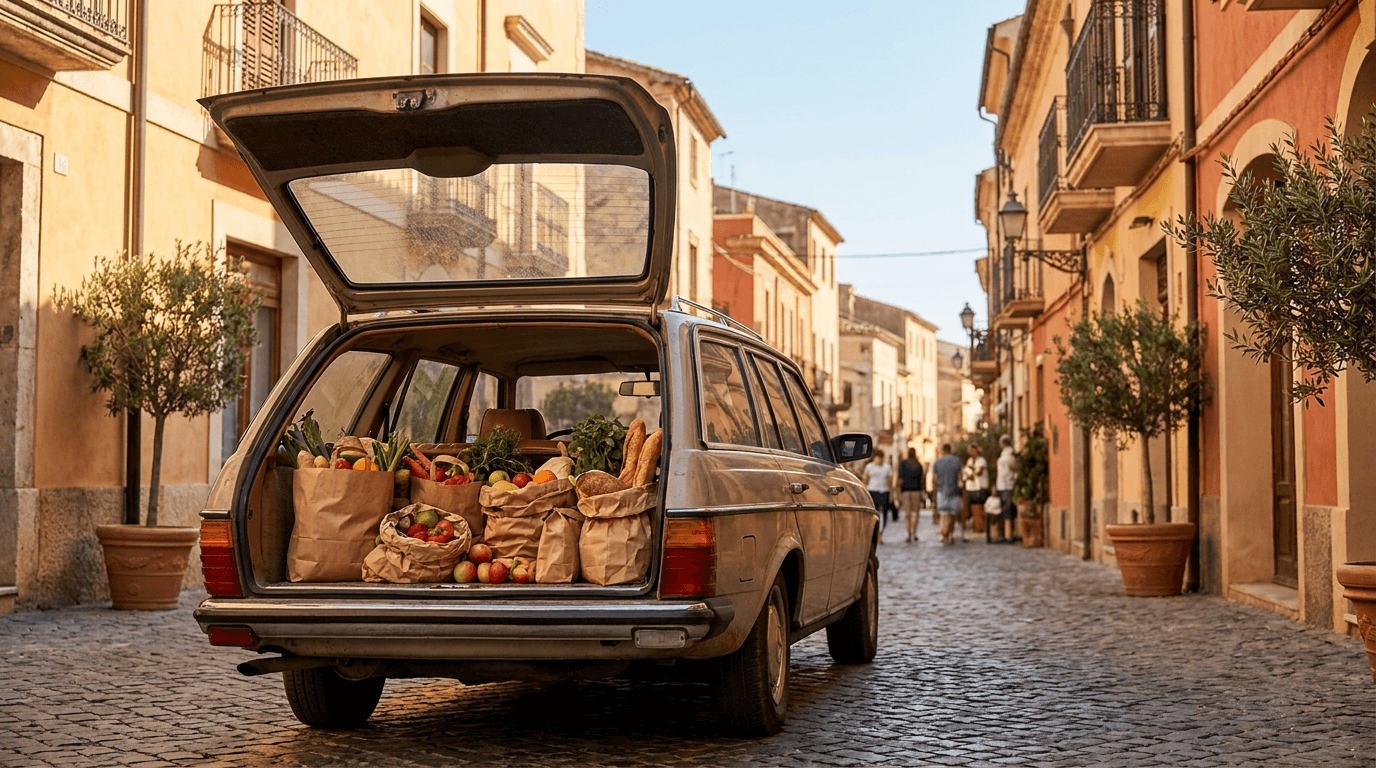 Open car boot full of shopping bags on a sunny southern-European street