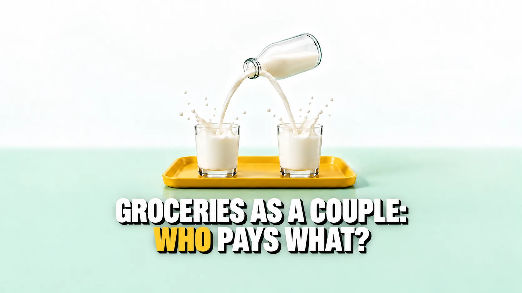 A milk bottle pouring into two identical glasses side by side on a yellow tray