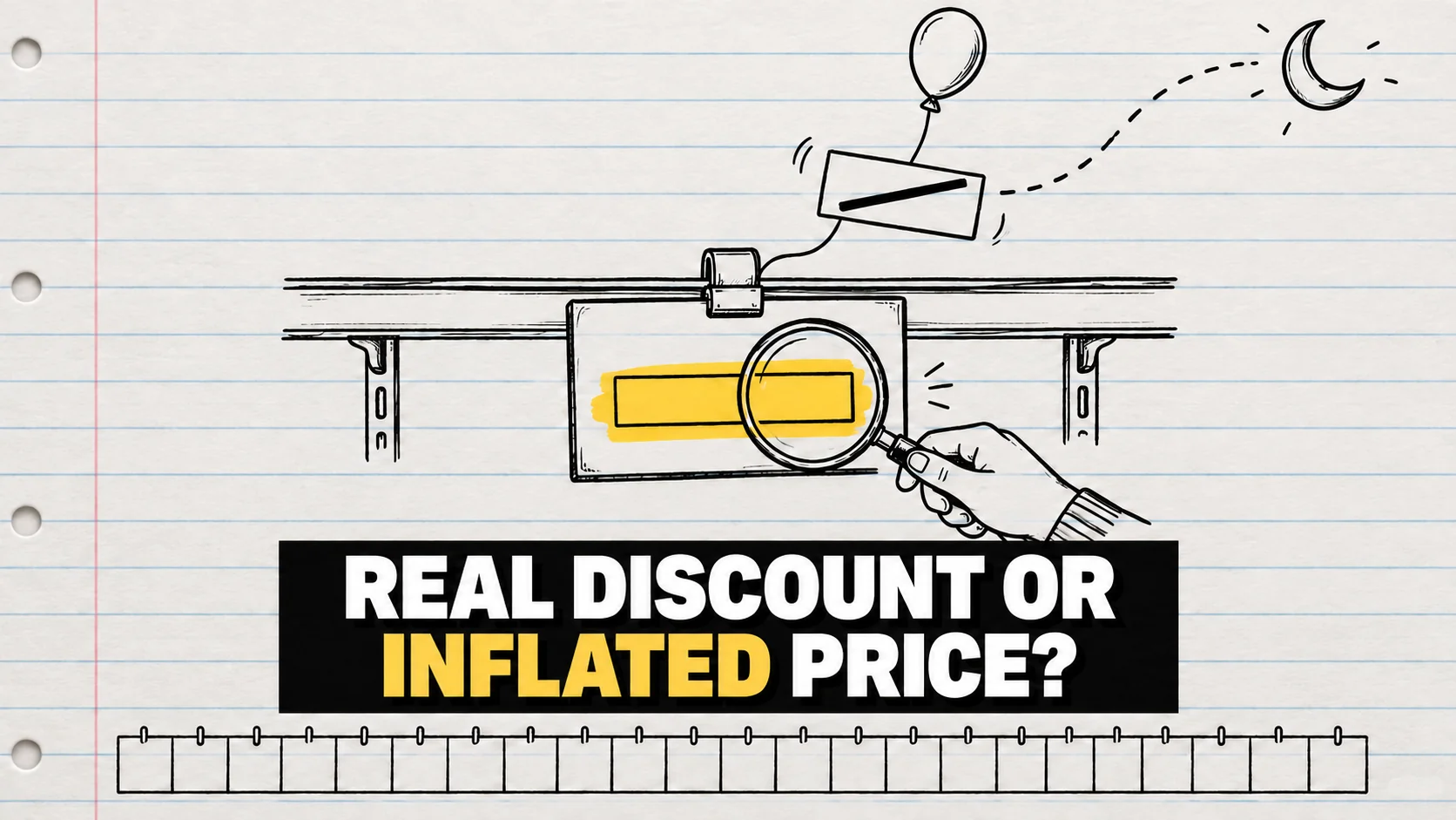 Ink price-tag drawing with its crossed-out price bar floating away on a balloon.