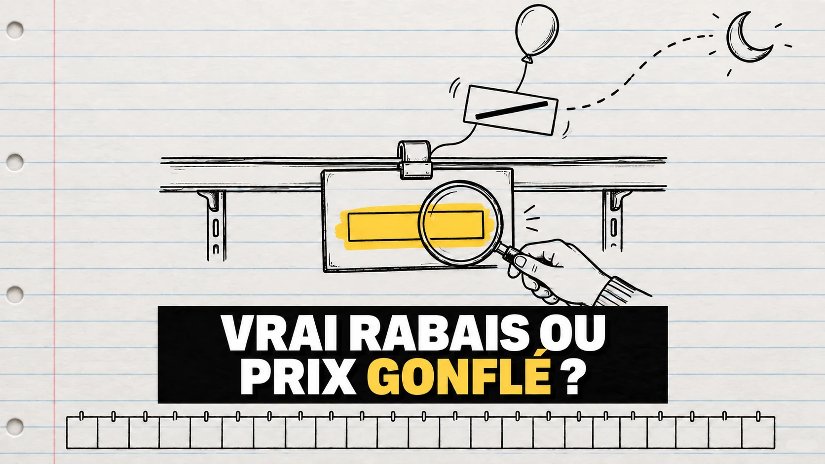 Étiquette dessinée à l’encre dont la barre de prix barrée s’envole avec un ballon.