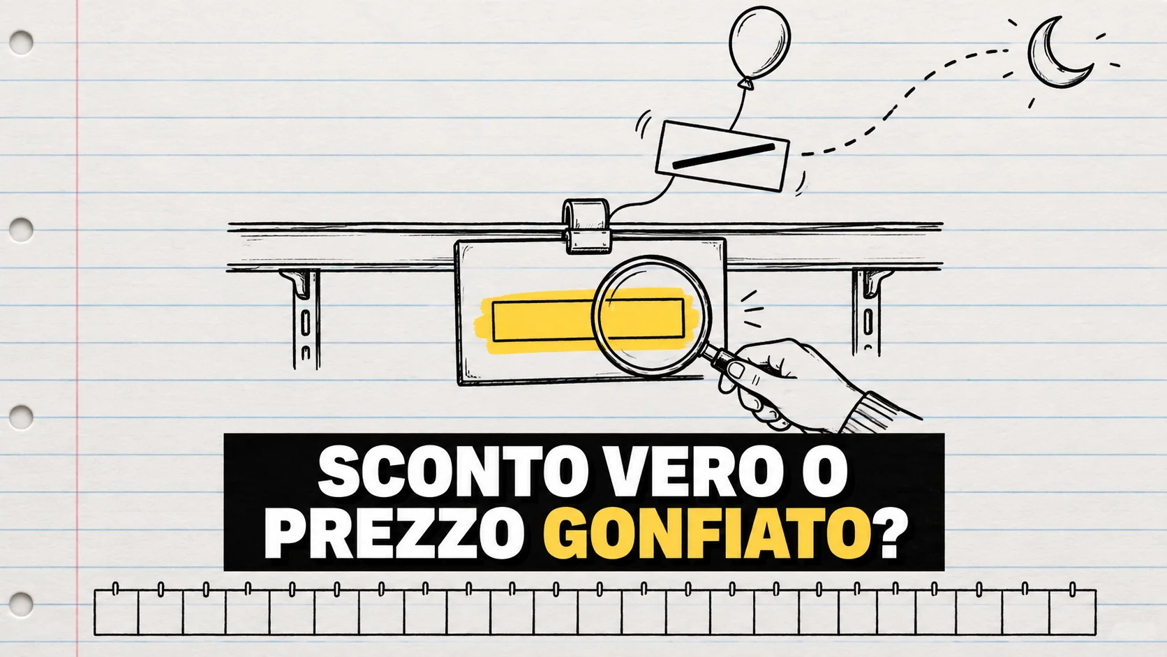 Disegno a inchiostro su foglio a righe: un cartellino di scaffale con due barre di prezzo vuote, quella barrata vola via su un palloncino verso una falce di luna