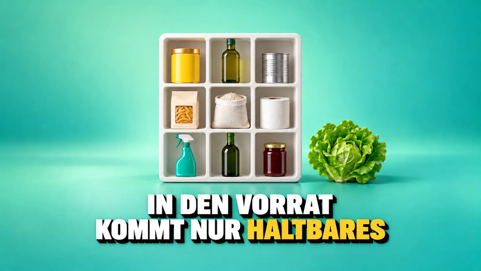 Weisses Regal mit neun haltbaren Produkten ohne Marken und einem Salat daneben.