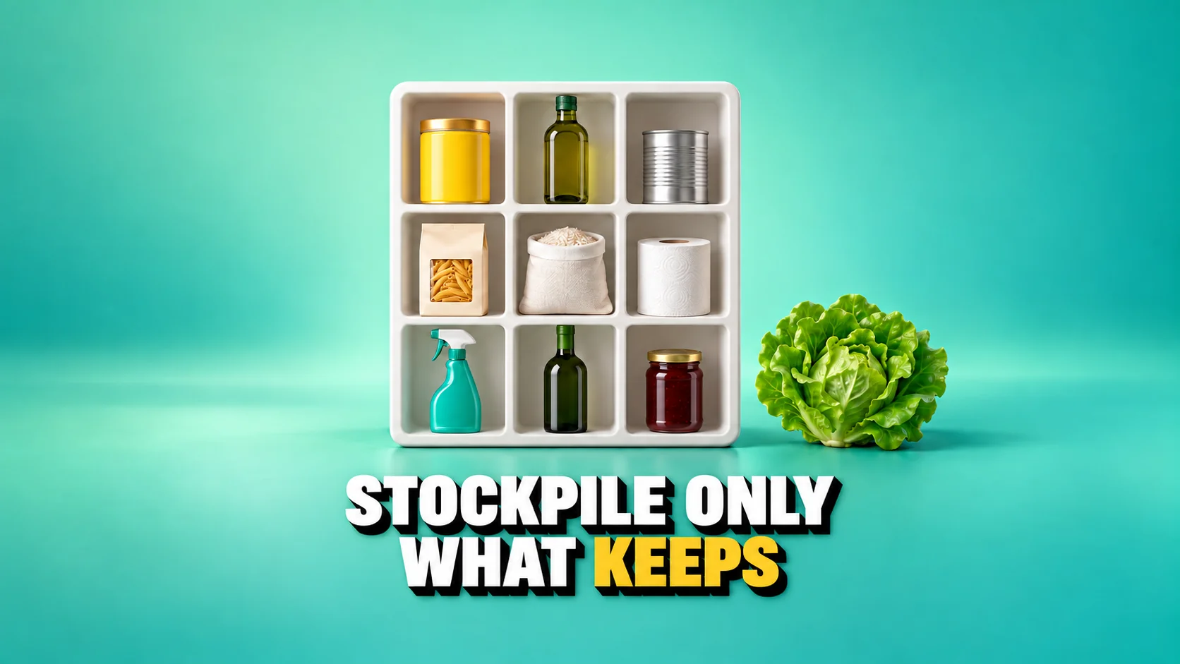 White shelf with nine unbranded long-life products and a separate lettuce.