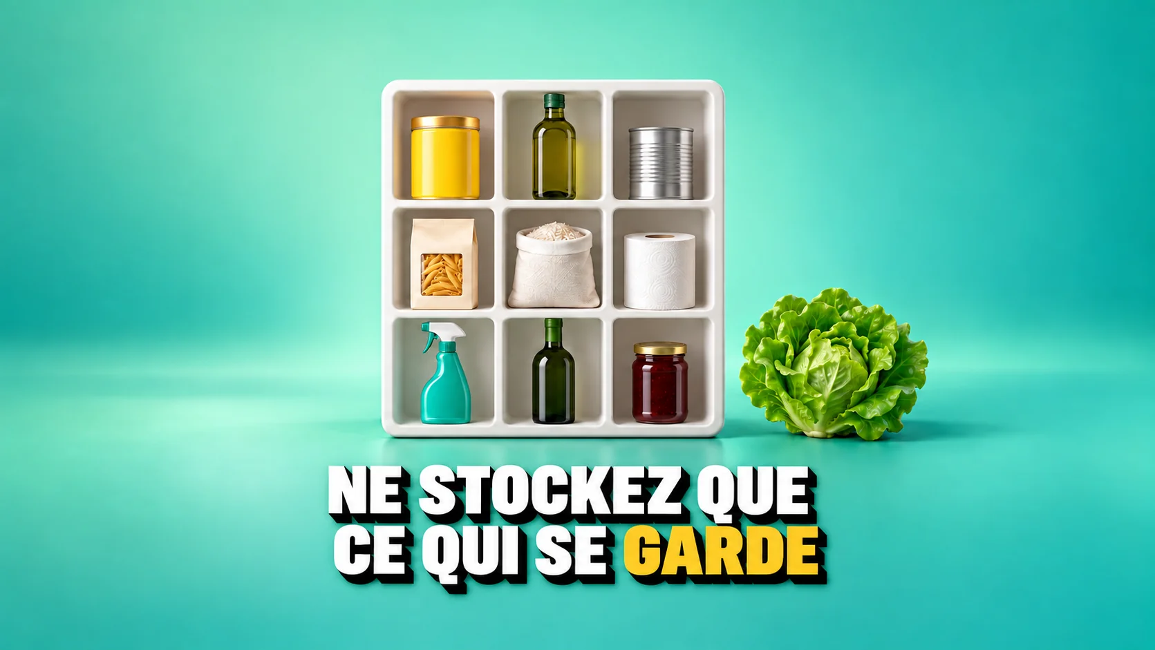 Étagère blanche avec neuf produits durables sans marque et une laitue à part.