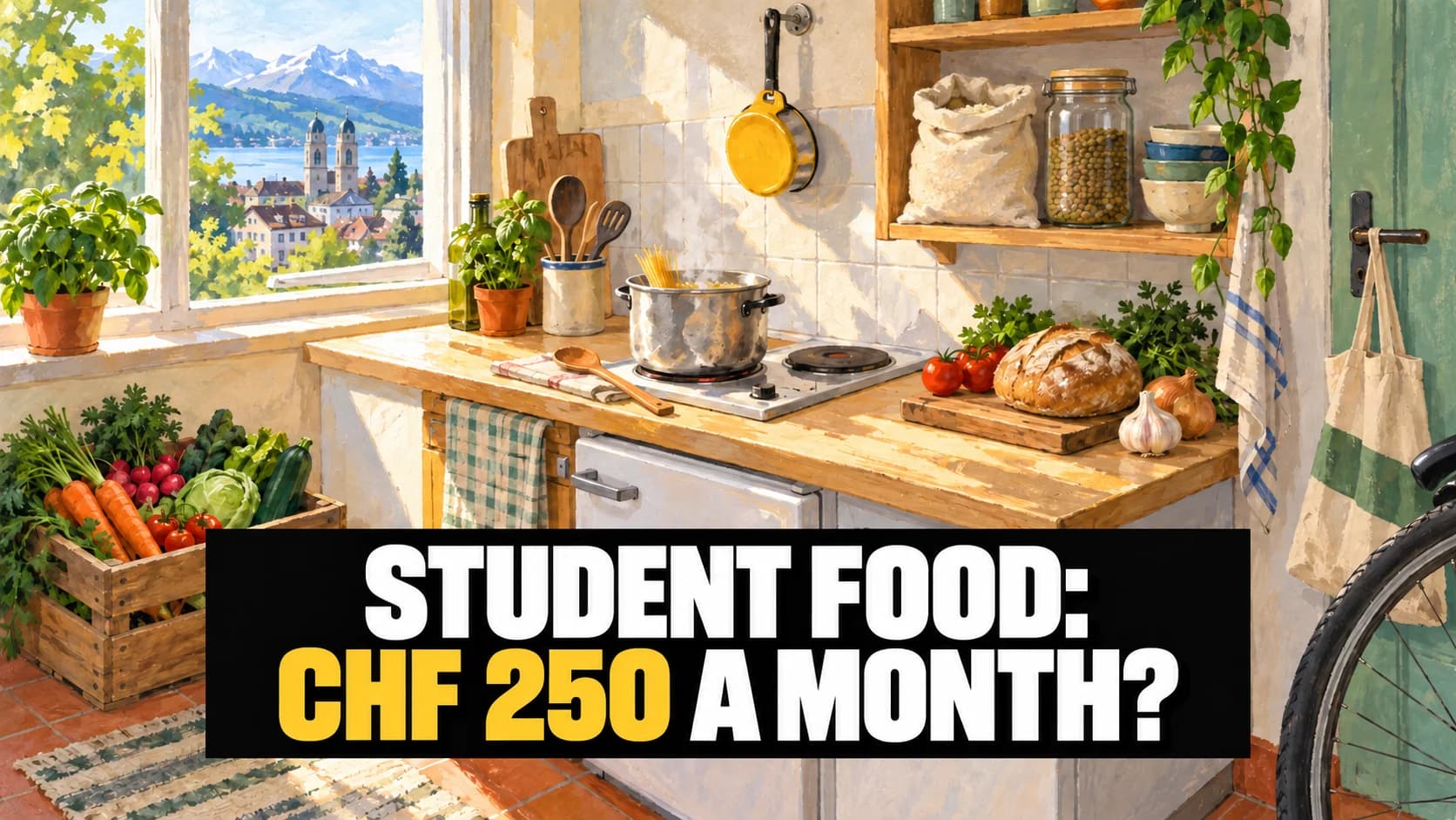 A gouache illustration of a student kitchen with a pot on the hob, a crate of vegetables, rice and bread on the counter.