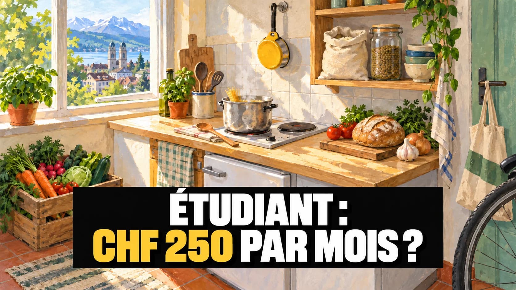 Illustration à la gouache d’une cuisine d’étudiant : casserole sur la plaque, cageot de légumes, riz et pain sur le plan de travail.