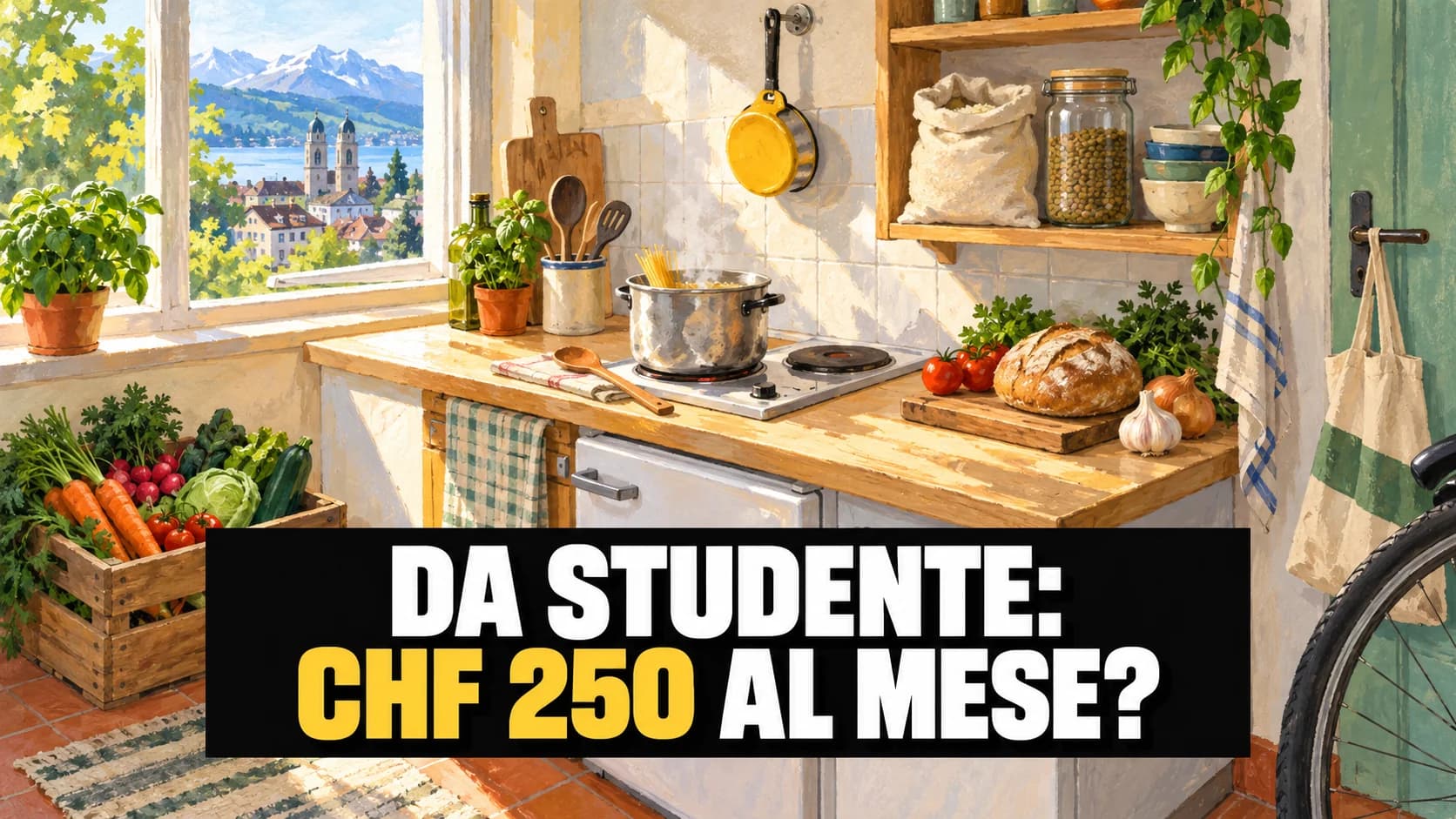 Illustrazione a gouache di una cucina da studenti: pentola sul fornello, cassetta di verdura, riso e pane sul ripiano.