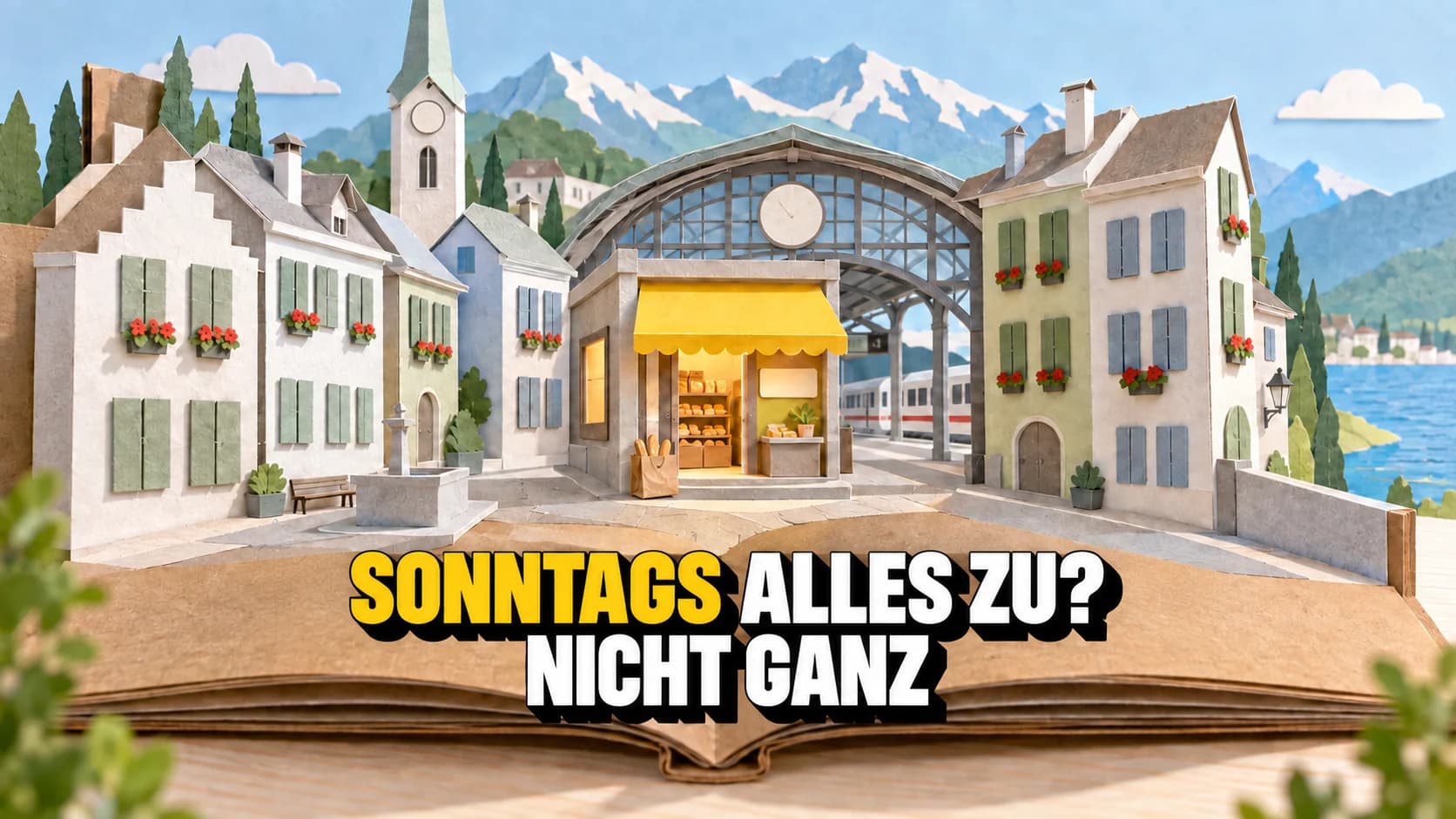 Papier-Pop-up eines geschlossenen Dorfs mit einem offenen Bahnhofsladen unter gelber Markise.