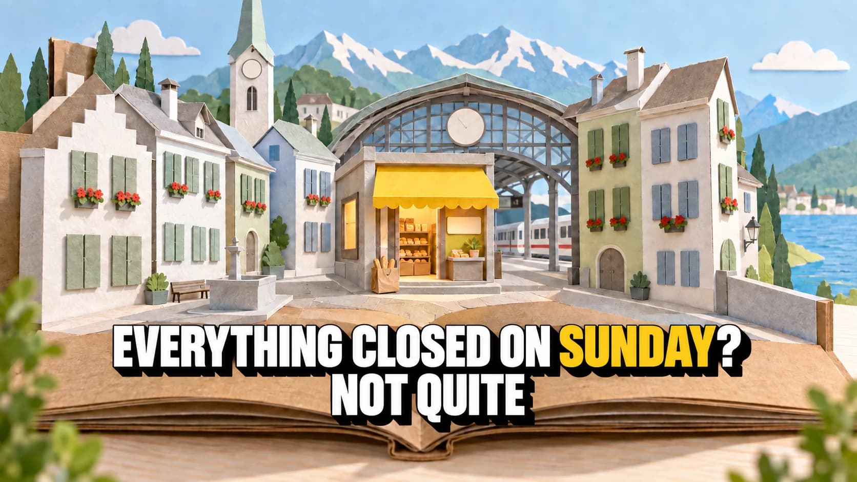 Paper pop-up village with closed shutters and one open station shop beneath a yellow awning.