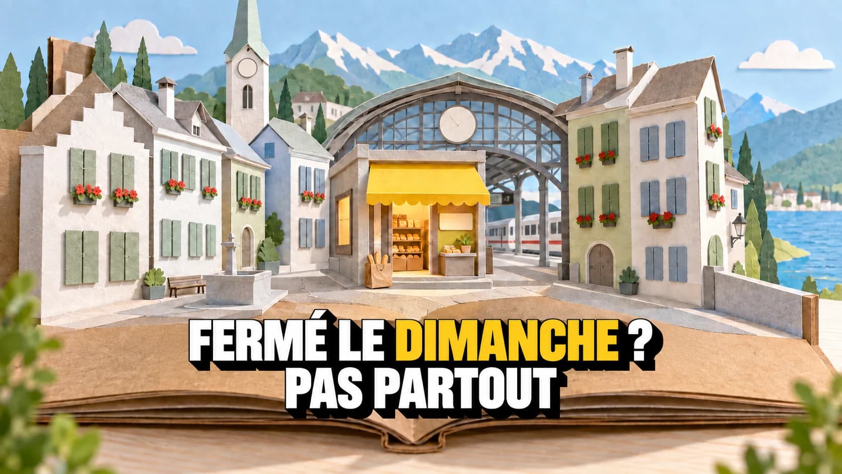 Village pop-up en papier aux volets fermés, avec une boutique de gare ouverte sous un auvent jaune.