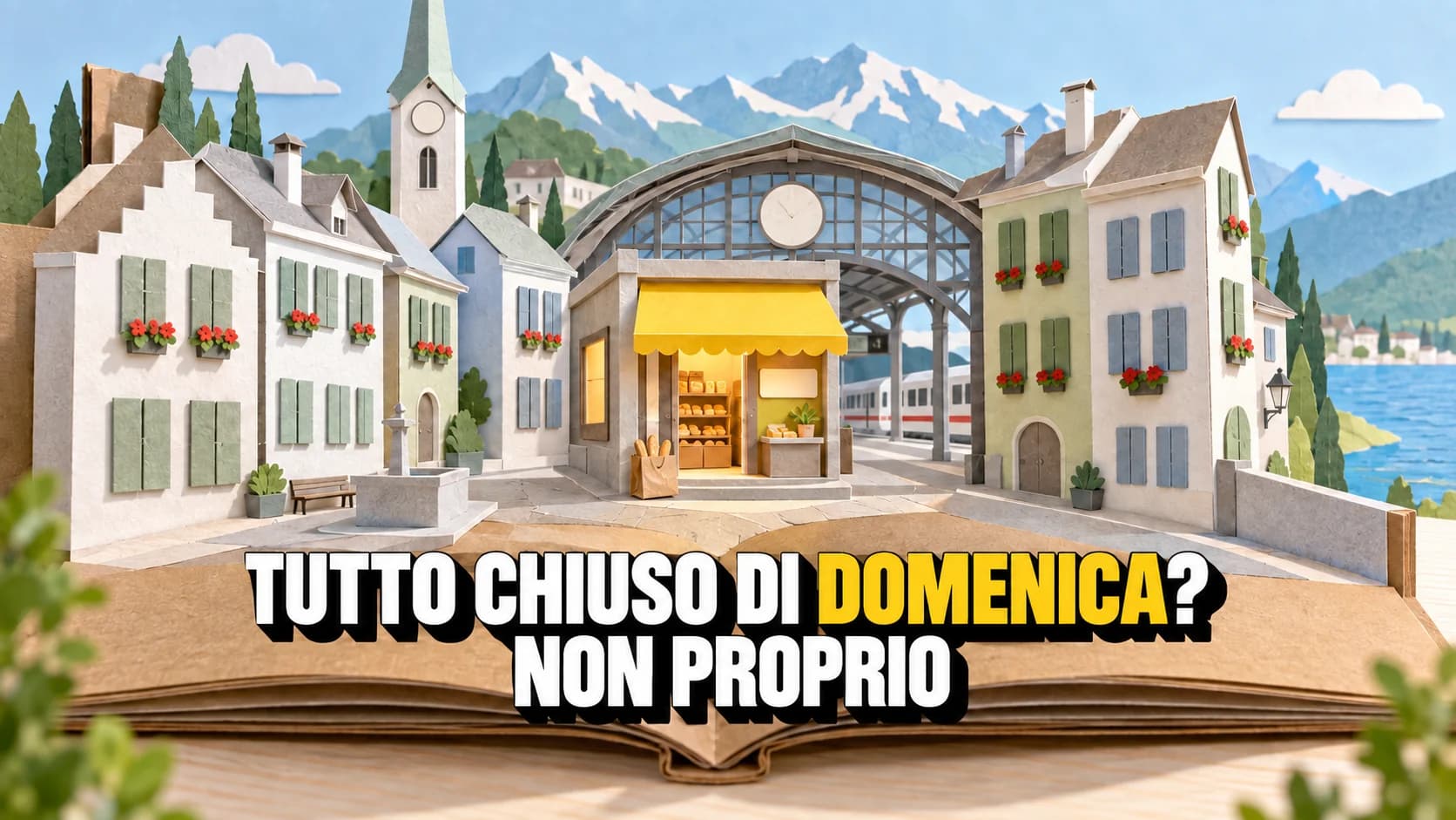 Scena pop-up di carta di un borgo svizzero con tutte le imposte chiuse e una sola bottega di stazione aperta sotto una tenda gialla.