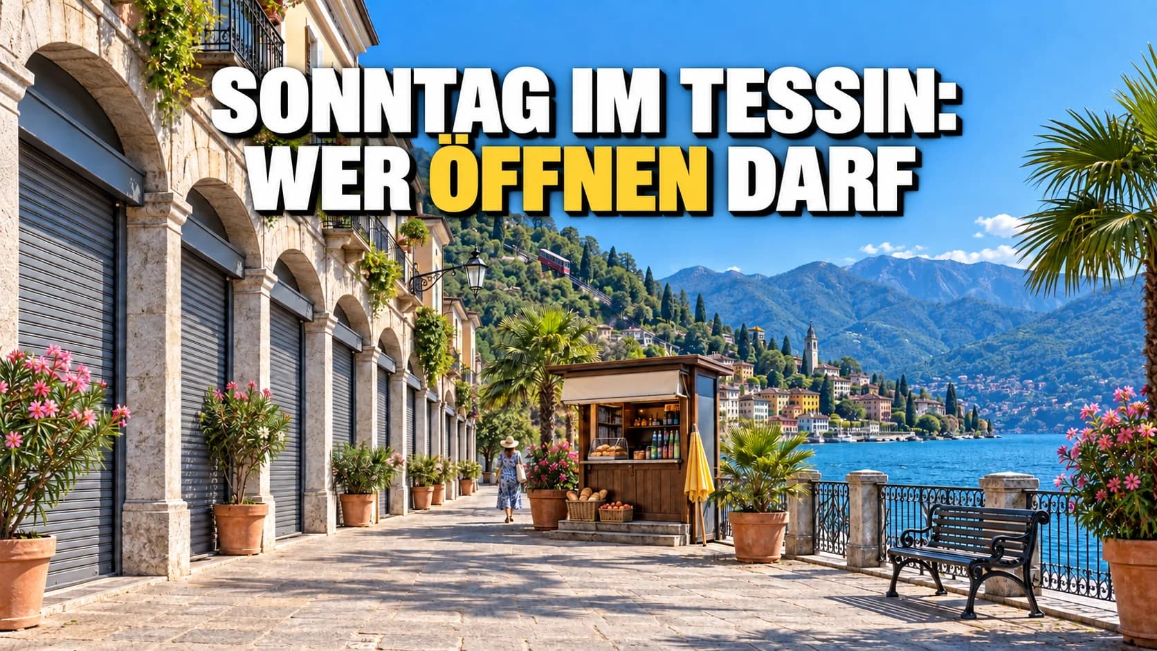 Arkade eines Seestädtchens mit heruntergelassenen Rollläden und einem einzigen offenen Kiosk
