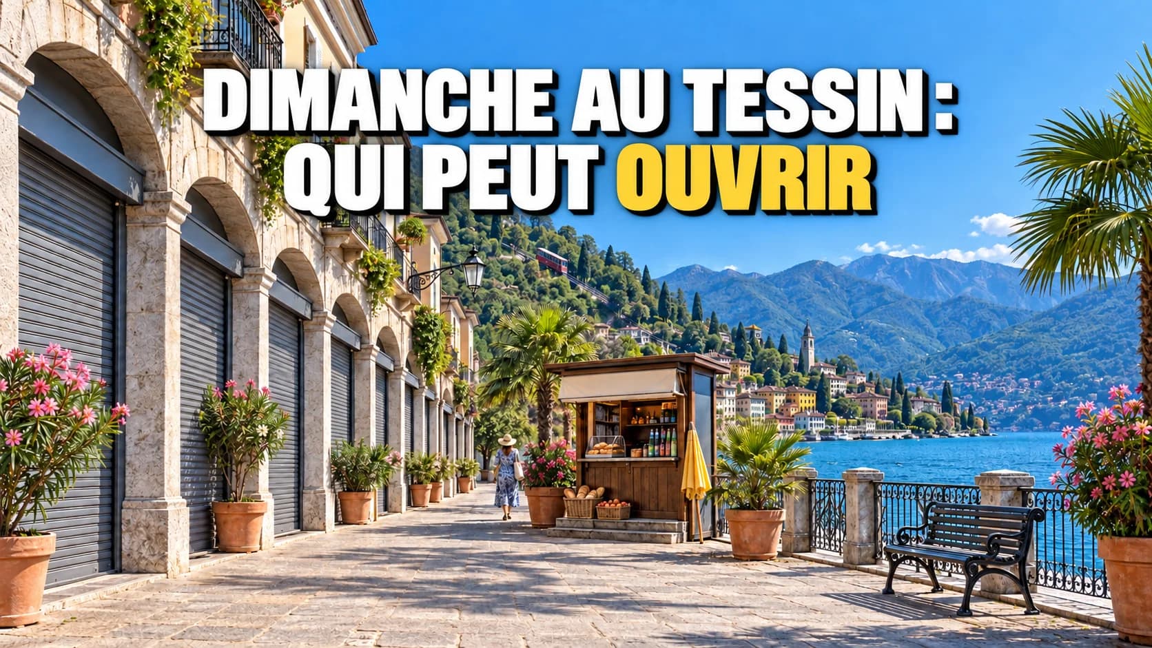 Arcade d’un bourg au bord du lac, tous les volets baissés et un seul kiosque ouvert