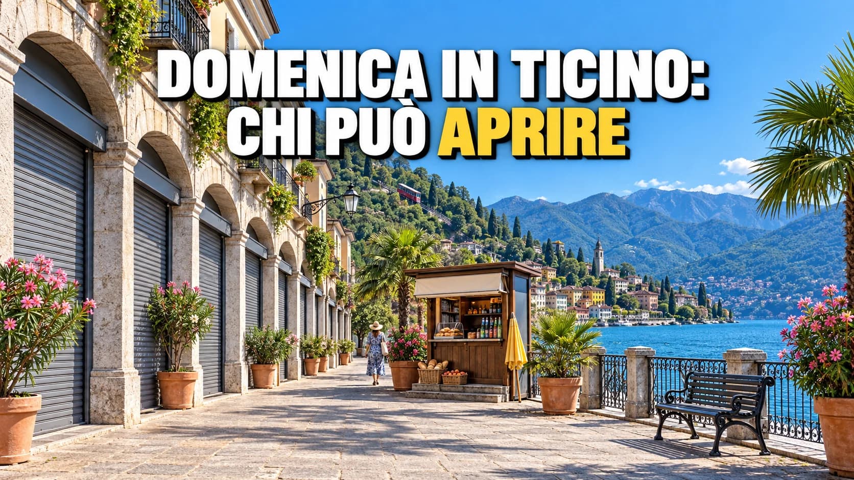 Portico di un borgo sul lago con tutte le serrande abbassate e un solo chiosco aperto