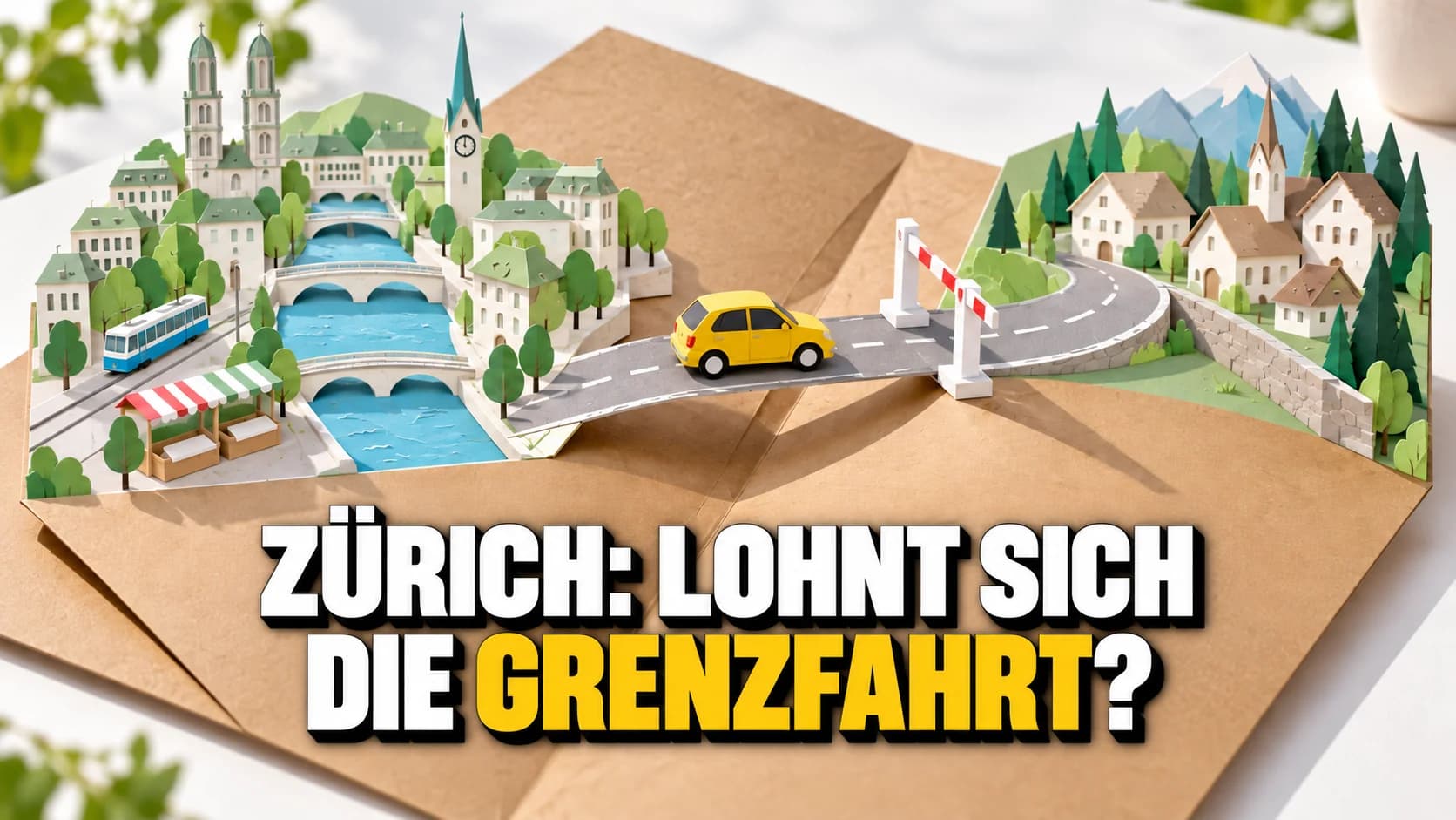 Pop-up-Karte aus Papier mit Zürich, einem kleineren Ort, offener Schranke und gelbem Auto.
