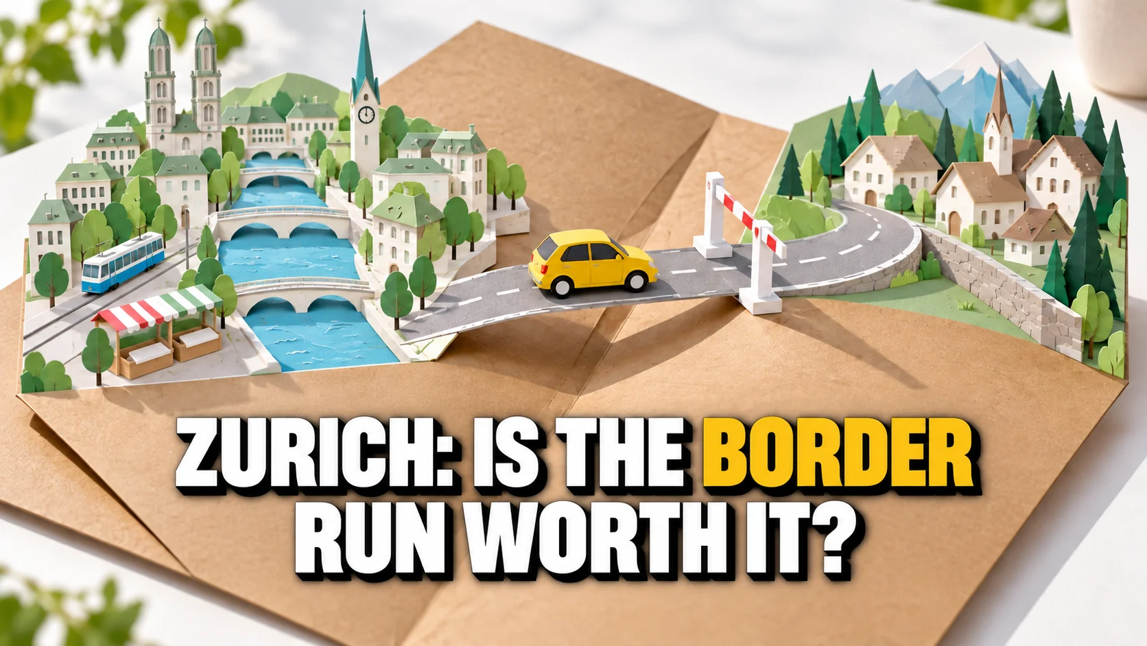 Paper pop-up map linking Zurich to a smaller town, with a raised barrier and yellow car.