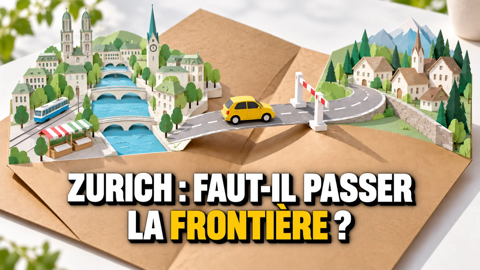 Carte pop-up en papier reliant Zurich à un petit village, avec barrière levée et voiture jaune.