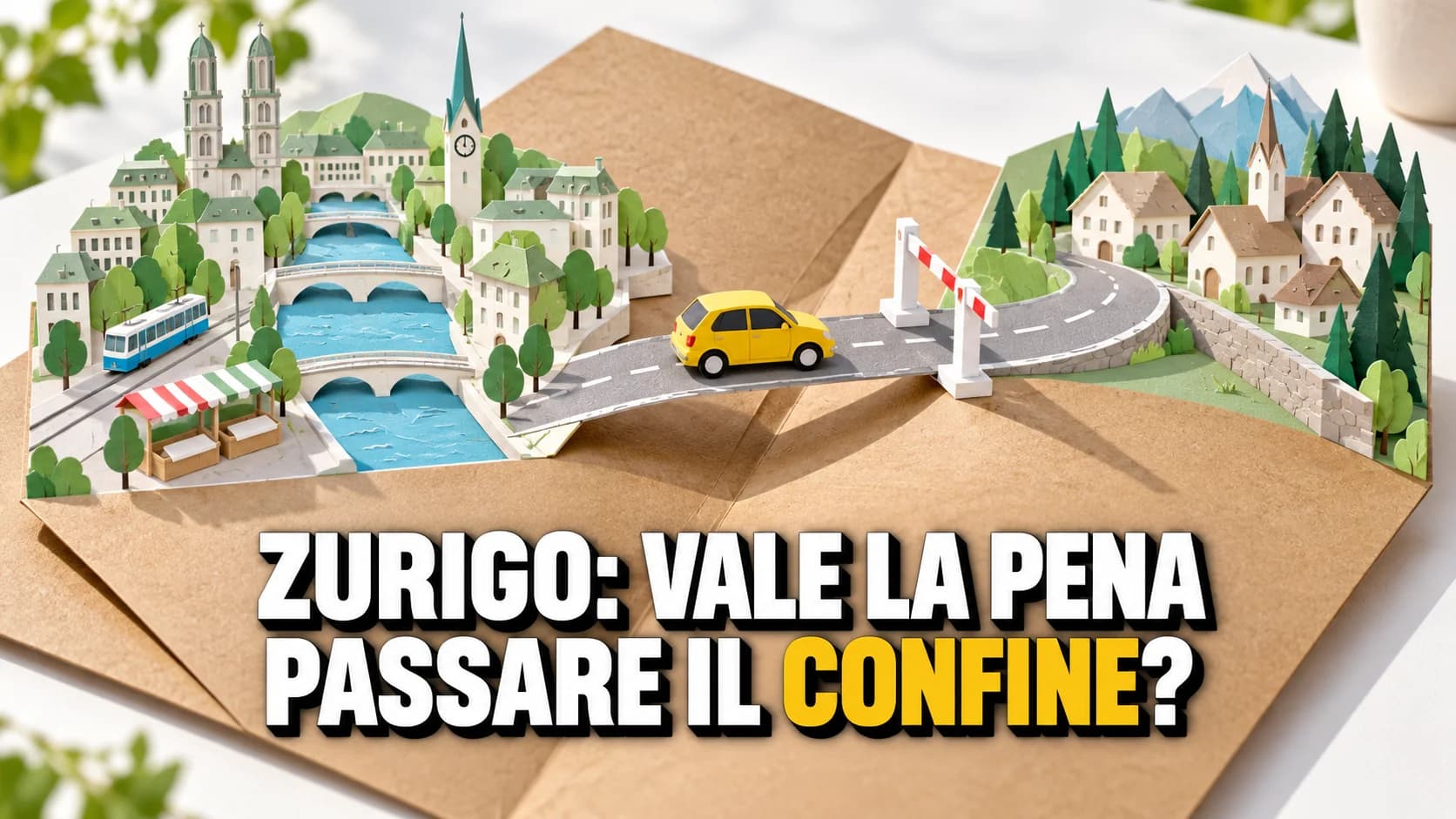 Mappa pop-up di carta con Zurigo a sinistra, una strada che supera una sbarra verso un paese più piccolo e un’auto gialla a metà percorso.