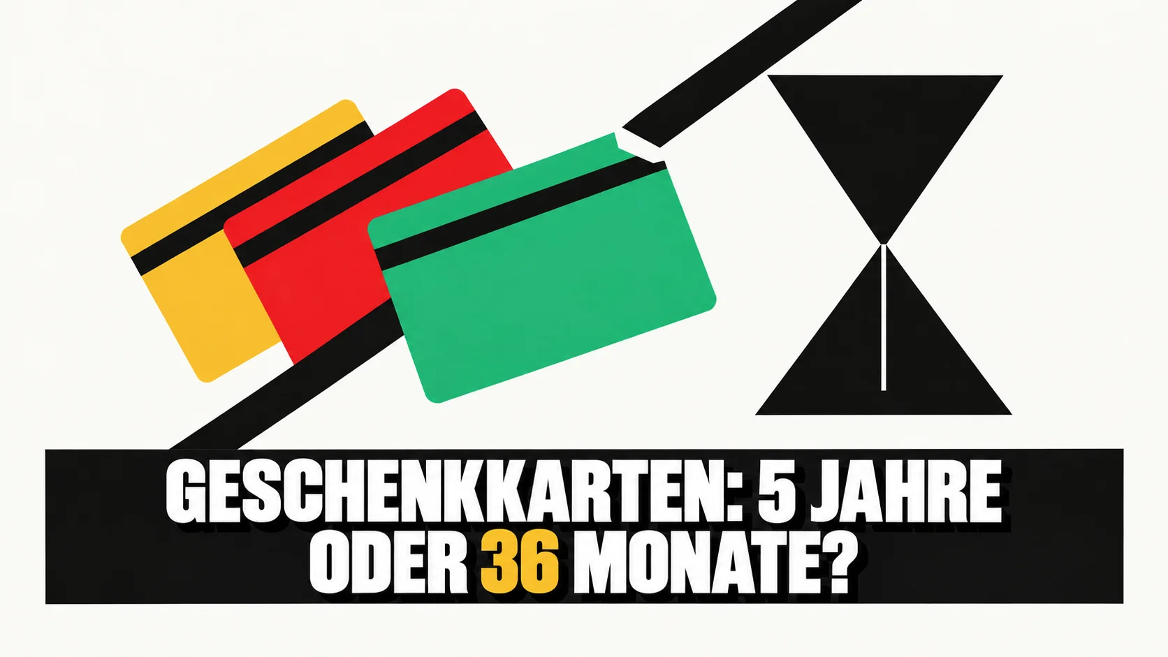 Grafisches Plakat mit drei farbigen Geschenkkarten und einer schwarzen Sanduhr.