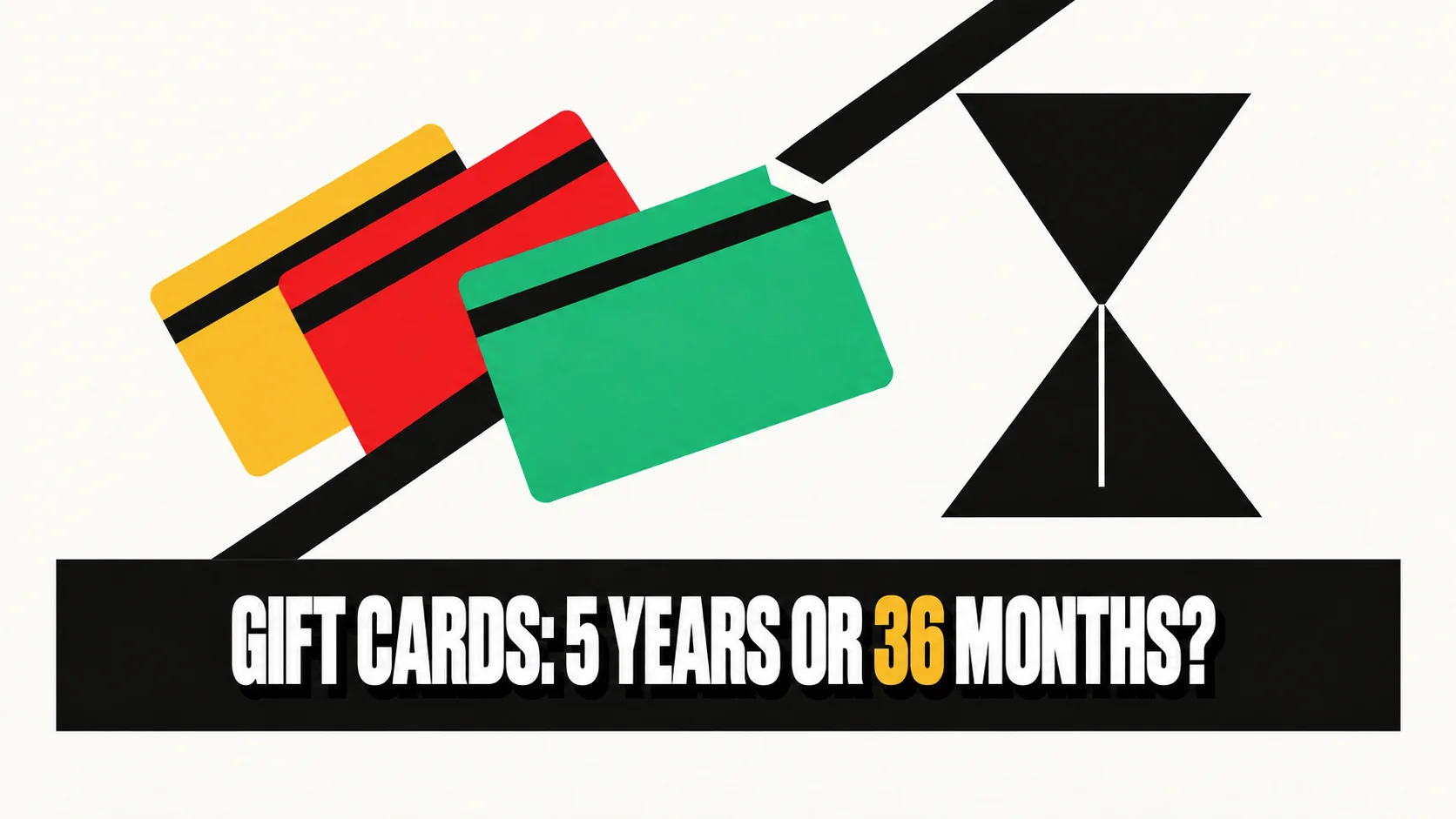 Graphic poster with three coloured gift cards and a black hourglass.