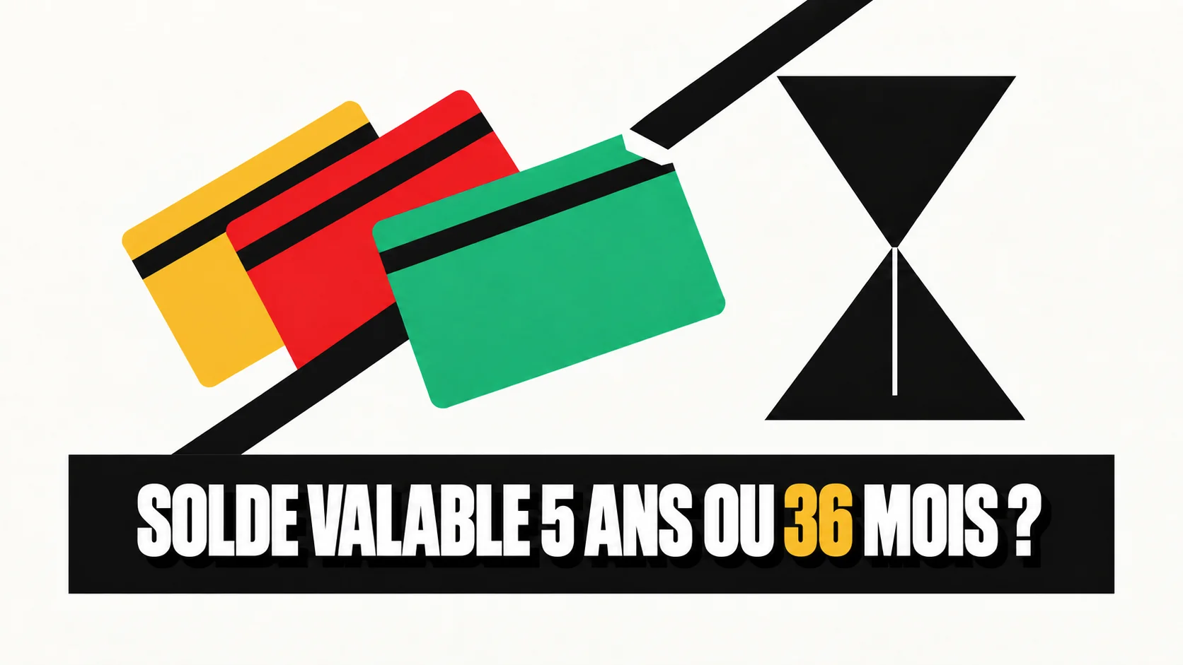 Affiche graphique avec trois cartes-cadeaux colorées et un sablier noir.