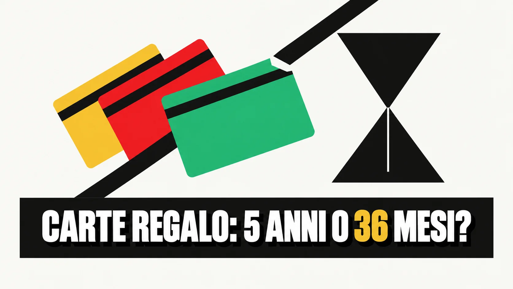 Manifesto grafico piatto: tre carte regalo colorate in diagonale su fondo bianco, dietro una clessidra nera, una banda taglia l’angolo di una carta.
