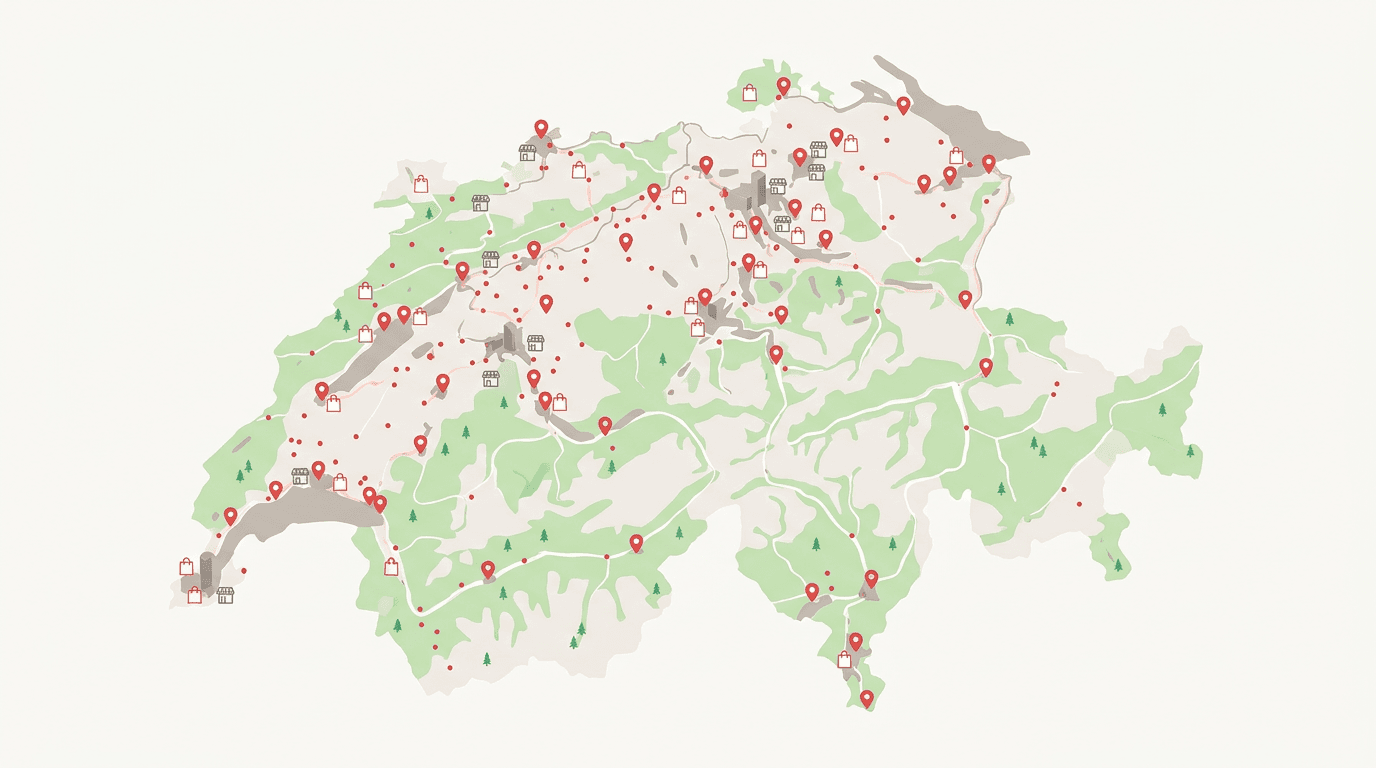 Map-style coverage view of Switzerland showing how many stores Coop, Migros, Denner, Volg, Spar, Aldi and Lidl operate across the country in 2026