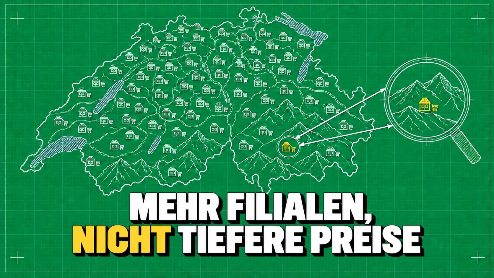 Grüne technische Schweizerkarte mit kleinen Ladensymbolen und einer Lupe über einem Dorf.