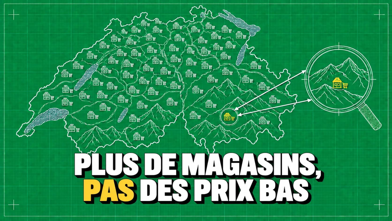 Carte technique verte de la Suisse avec de petits magasins et une loupe sur un village.