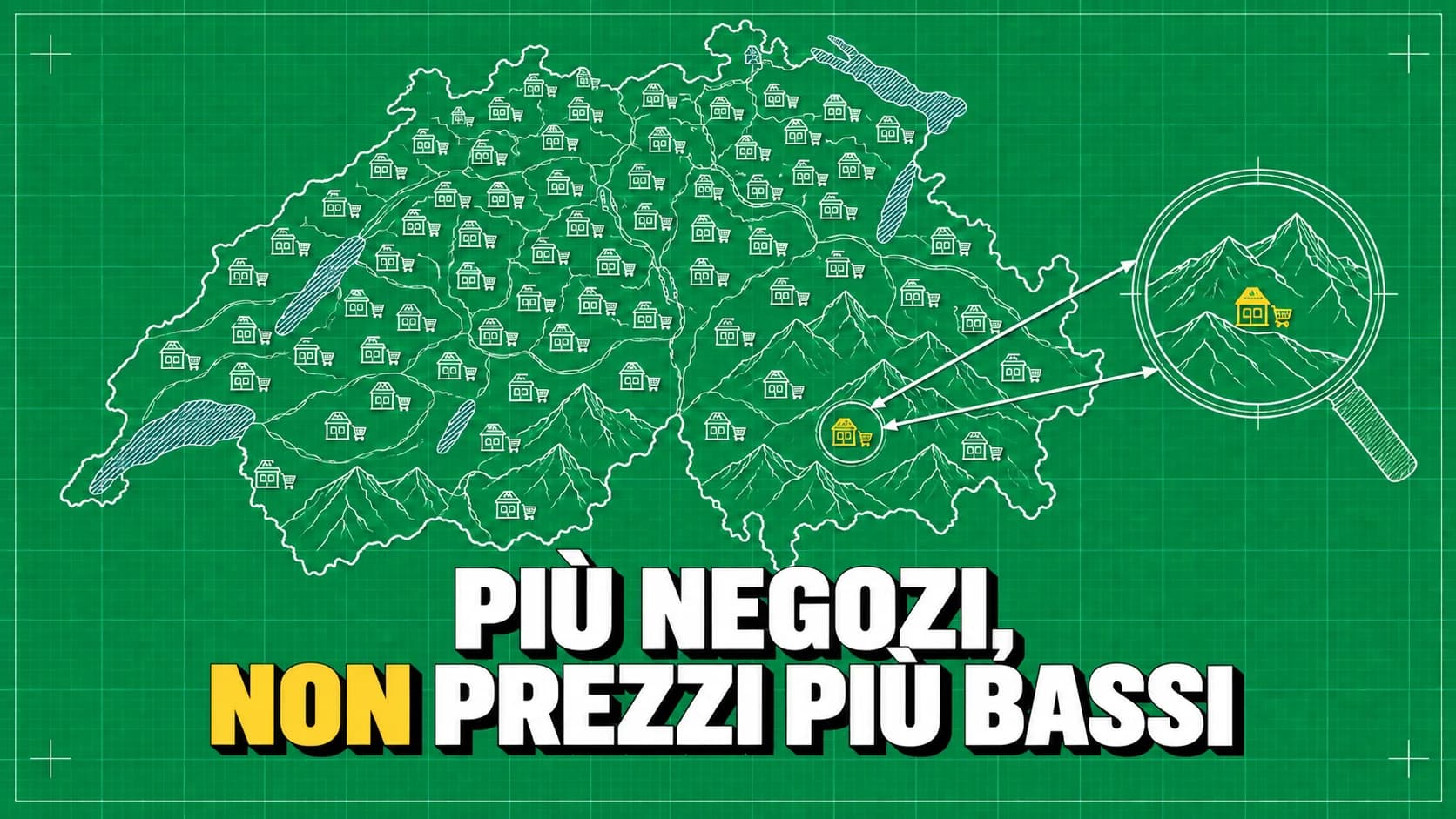 Disegno tecnico bianco su fondo verde con la sagoma della Svizzera coperta di piccoli simboli di negozio