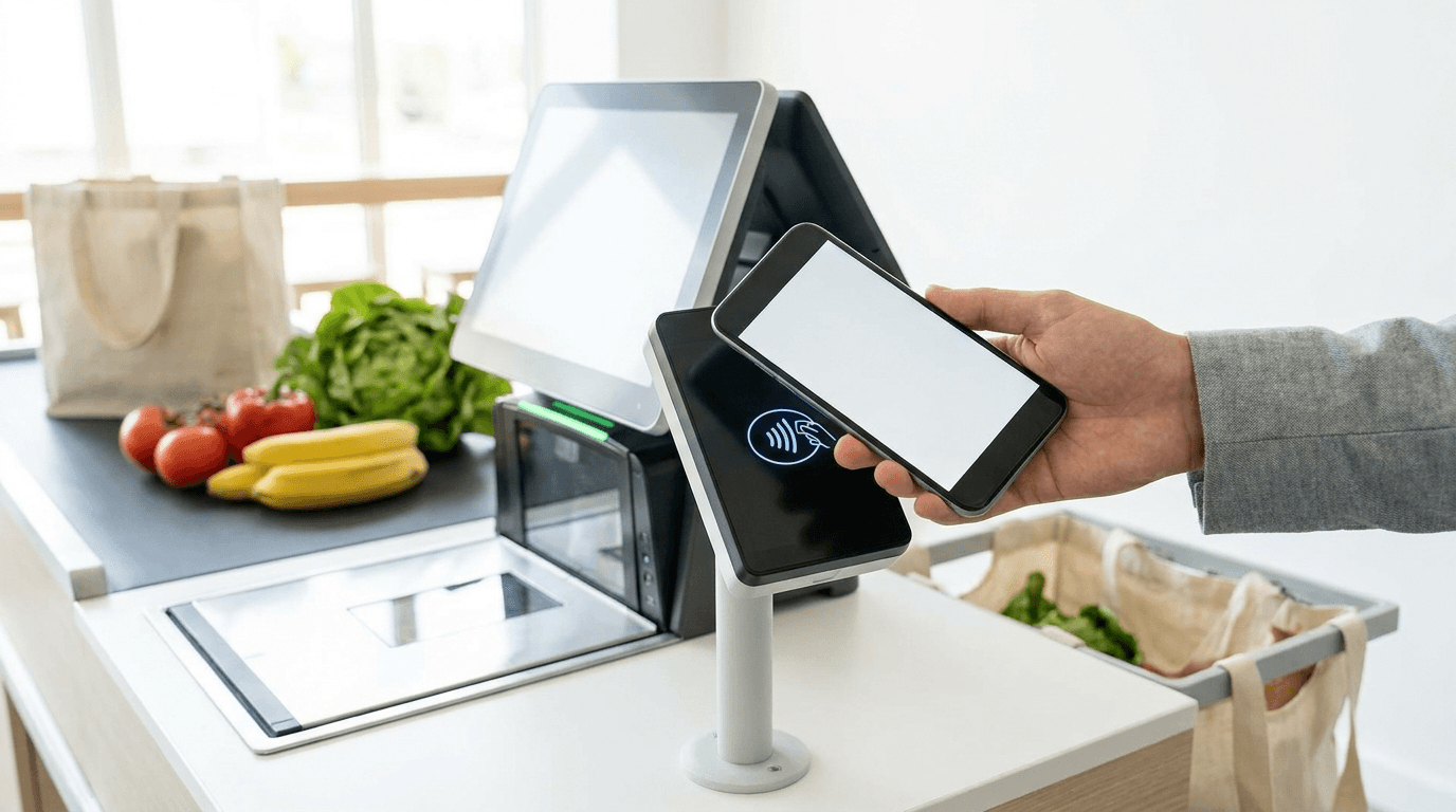 Paying at a Swiss supermarket till with Twint, a card and contactless by smartphone