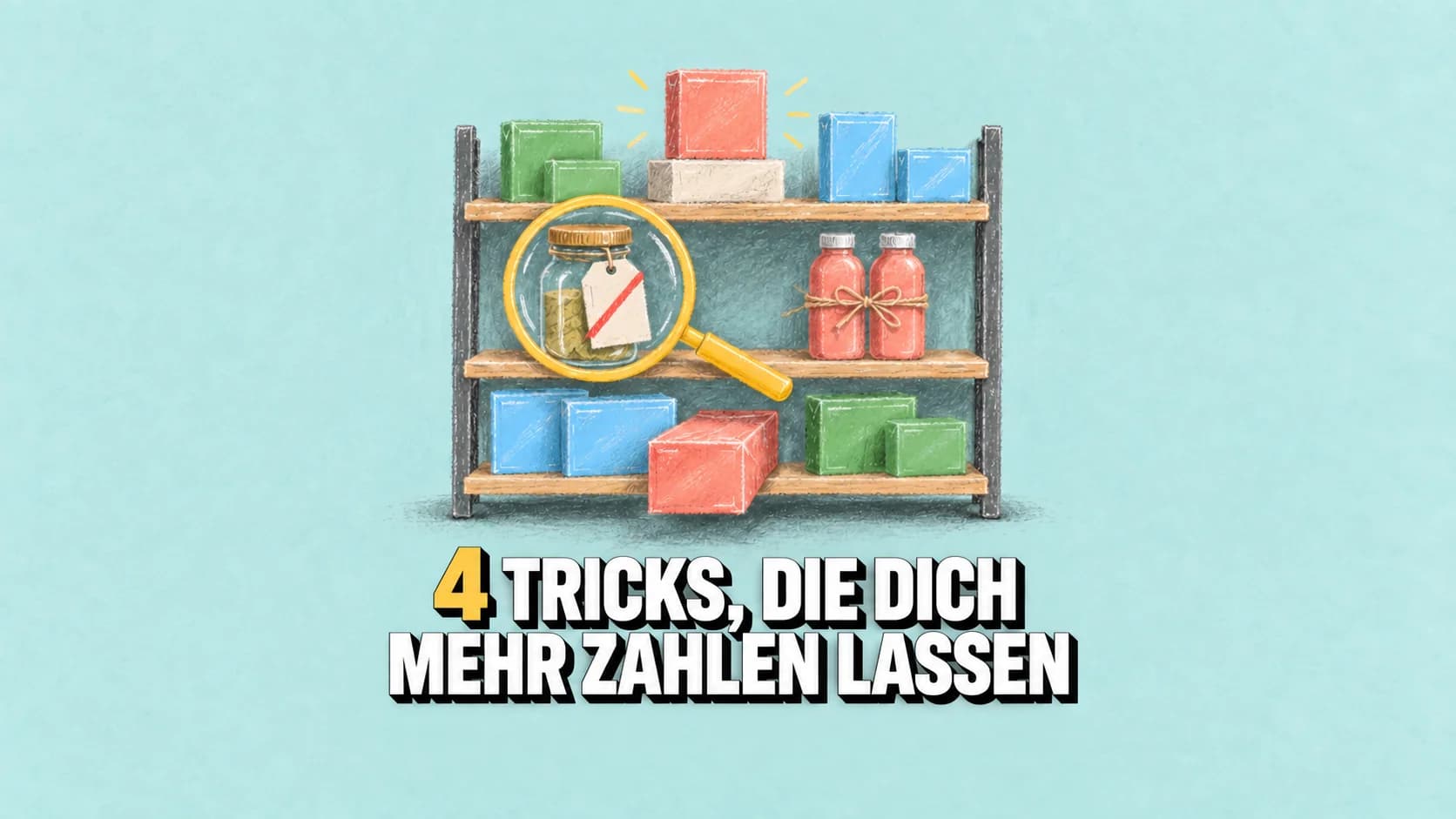 Pastellregal mit vier Warenpräsentationen und gelber Lupe über einem durchgestrichenen Schild.