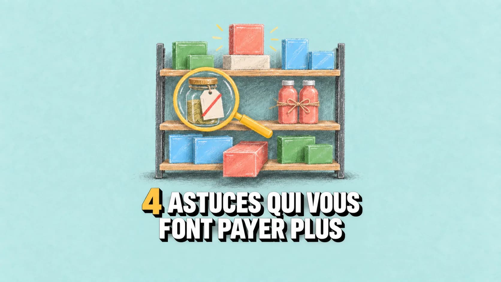 Étagère au pastel avec quatre présentations et loupe jaune sur une étiquette barrée.