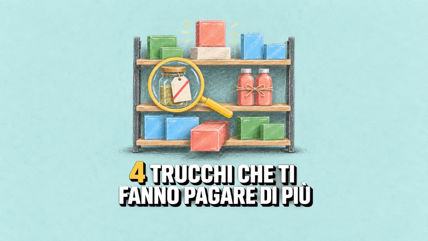 Scaffale a pastello con quattro esposizioni e lente gialla su un cartellino barrato.
