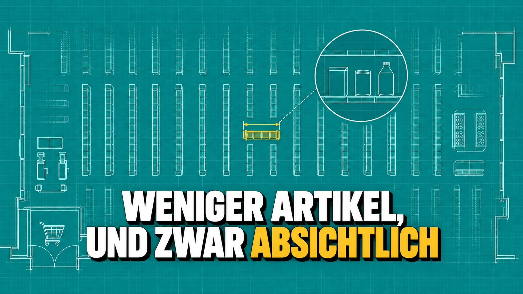 Technischer Grundriss einer Verkaufsfläche in Weiss auf Teal, ein kurzer Regalabschnitt gelb hervorgehoben