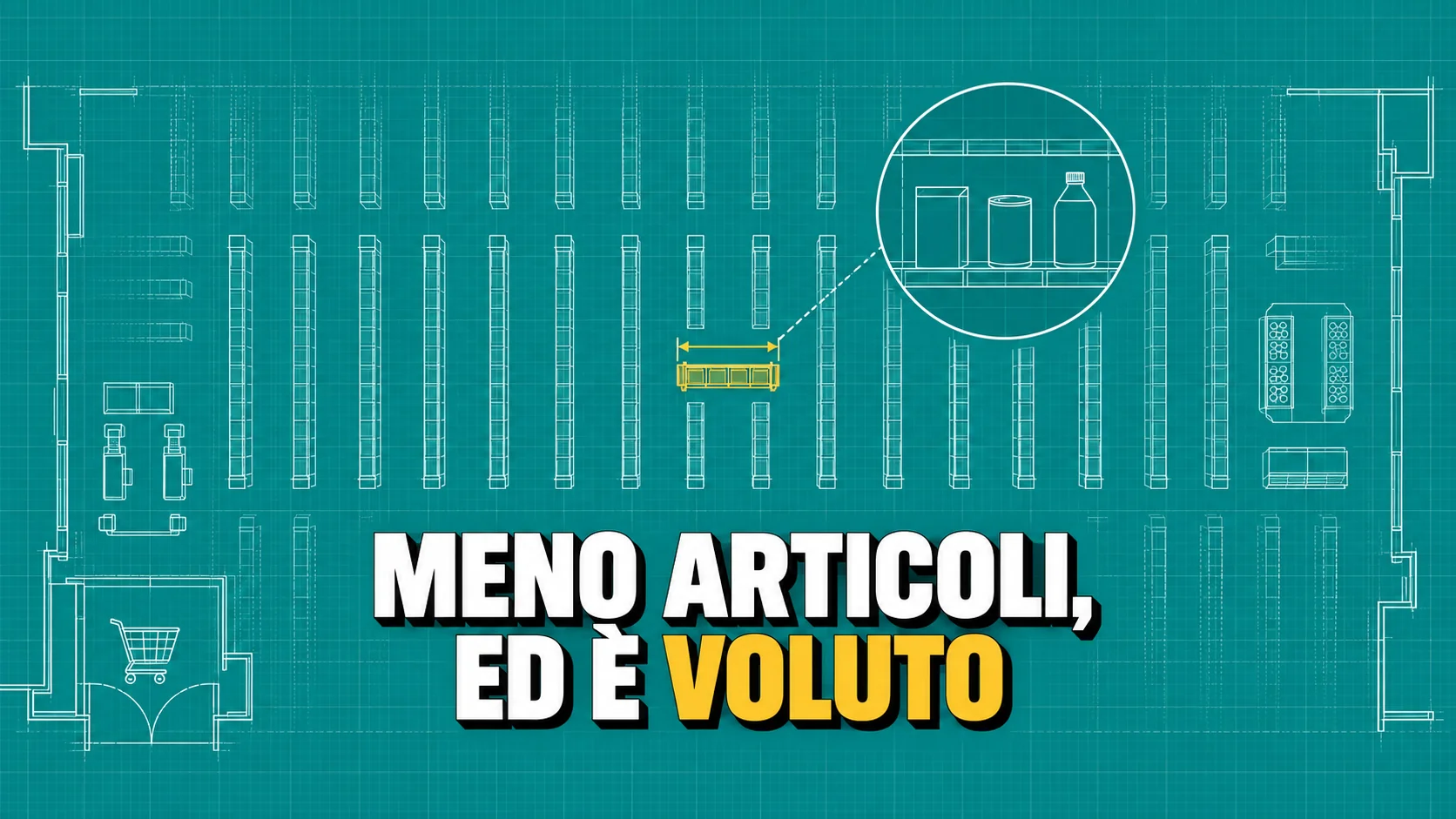 Pianta tecnica bianca su fondo teal di una superficie di vendita, con un breve tratto di scaffale evidenziato in giallo