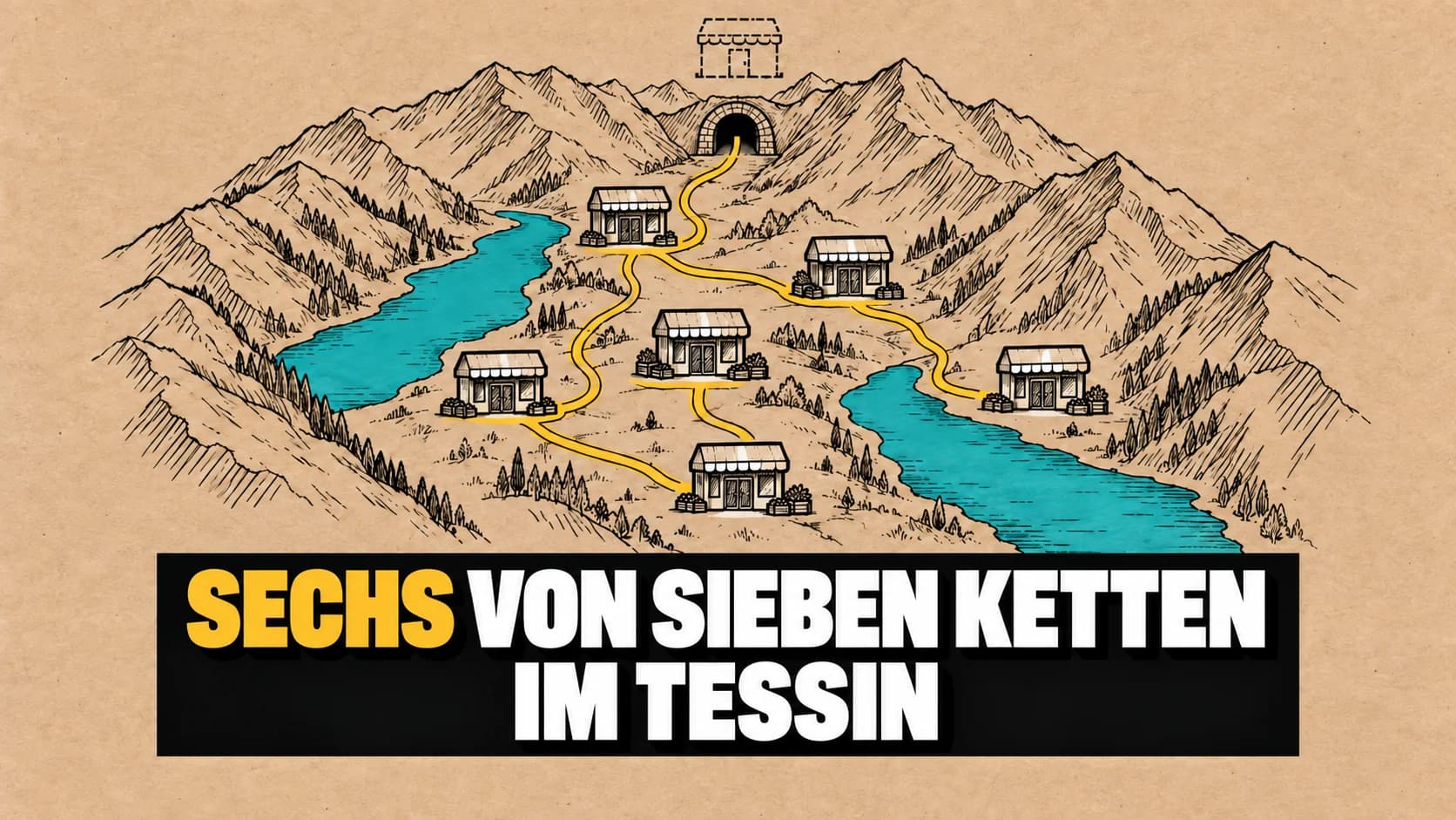 Gezeichnetes Tal mit zwei Seen, sechs festen Ladensymbolen und einem gestrichelten Laden.