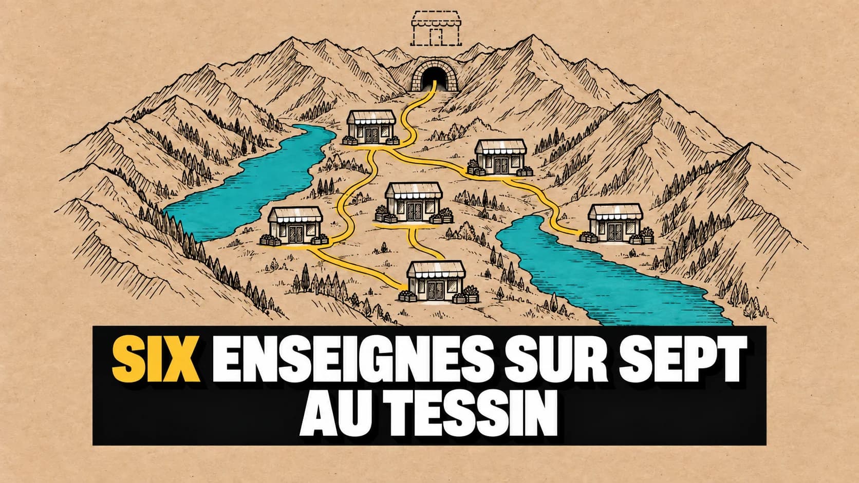 Vallée dessinée avec deux lacs, six boutiques en traits pleins et une en pointillés.