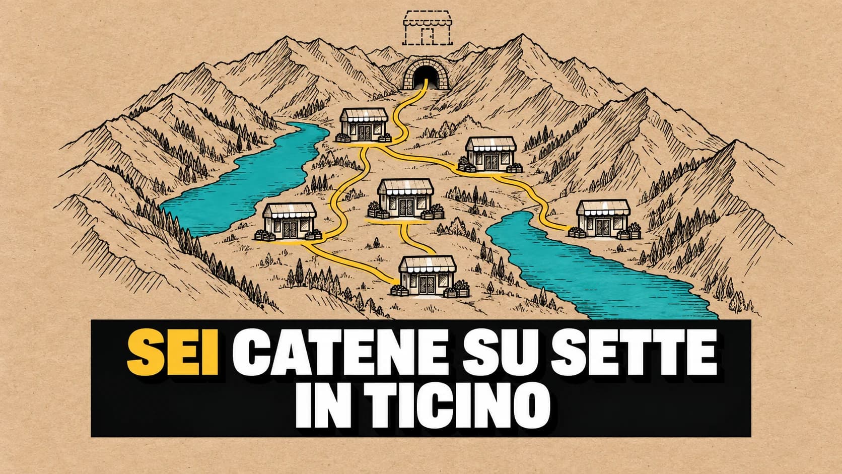 Disegno a inchiostro su carta kraft: una valle con due laghi e sette negozietti lungo la strada, uno solo tratteggiato, con un tratto giallo evidenziatore.