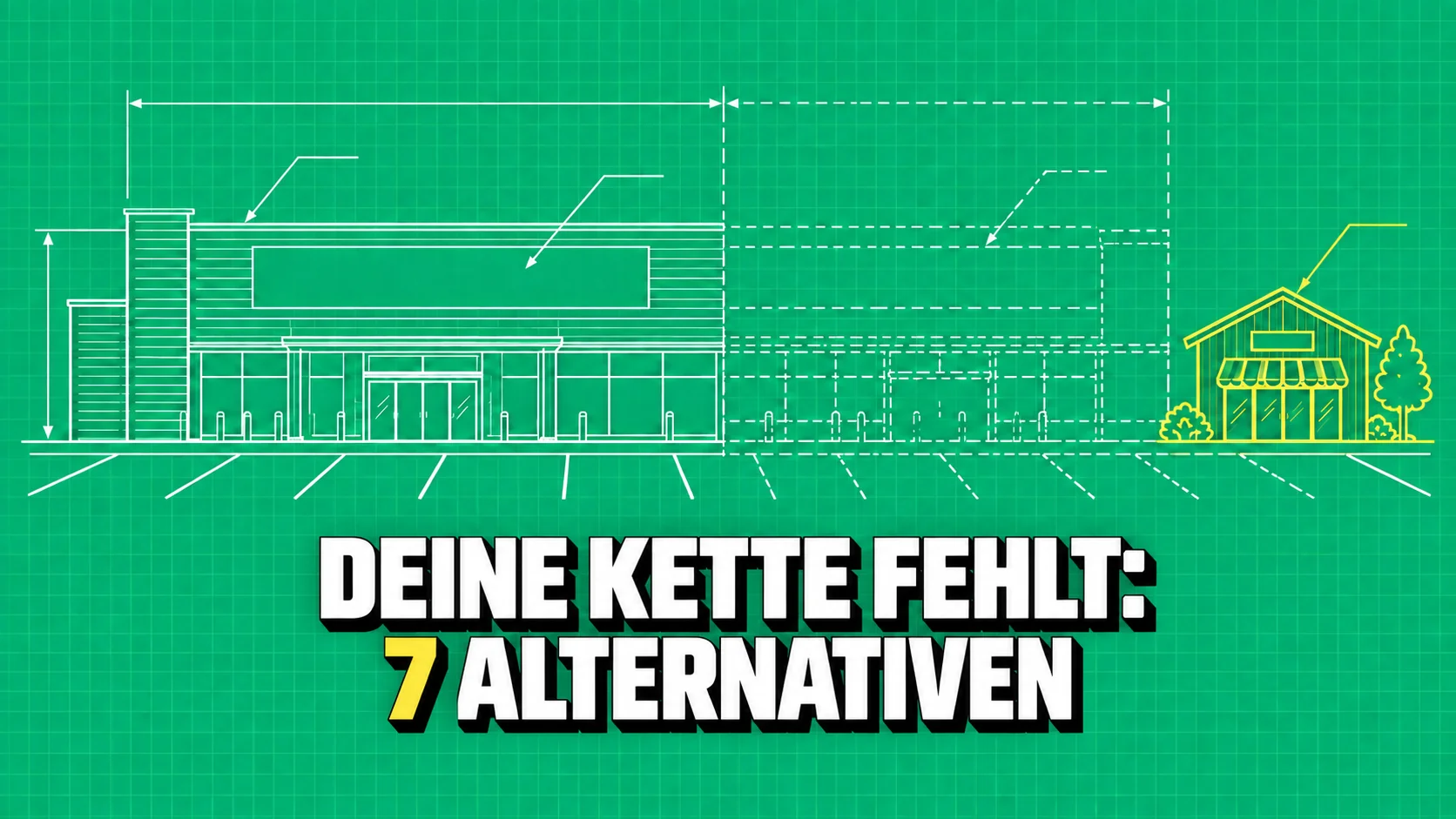 Grüne Bauzeichnung eines Supermarkts, dessen rechte Hälfte nur gestrichelt dargestellt ist.