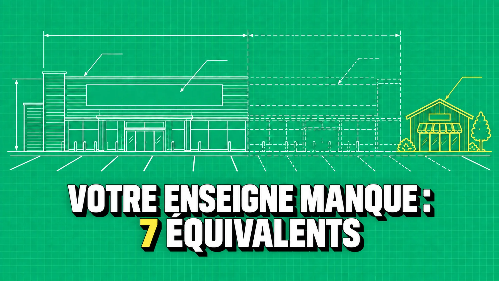 Plan vert d’un supermarché dont la moitié droite n’est dessinée qu’en pointillés.
