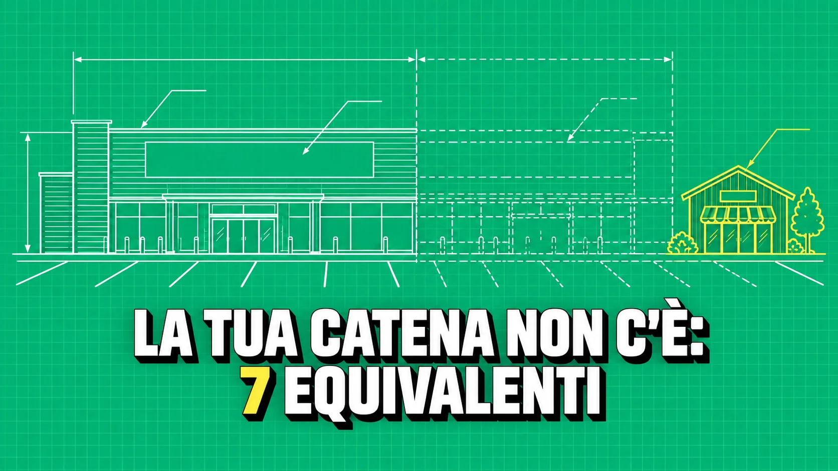Disegno tecnico bianco su carta blueprint verde: il prospetto di un grande supermercato, con la metà destra tratteggiata come mai costruita.