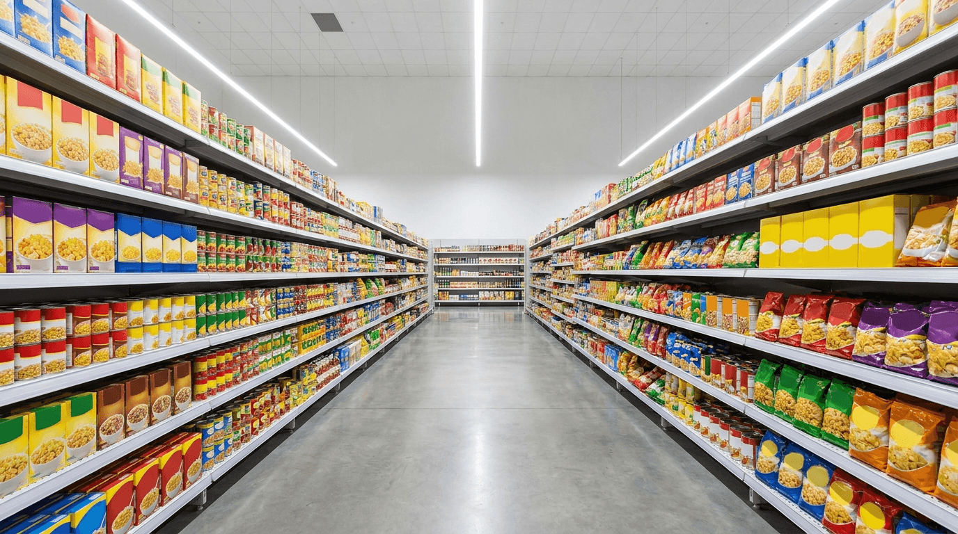 A long, well-stocked supermarket aisle with fully packed shelves