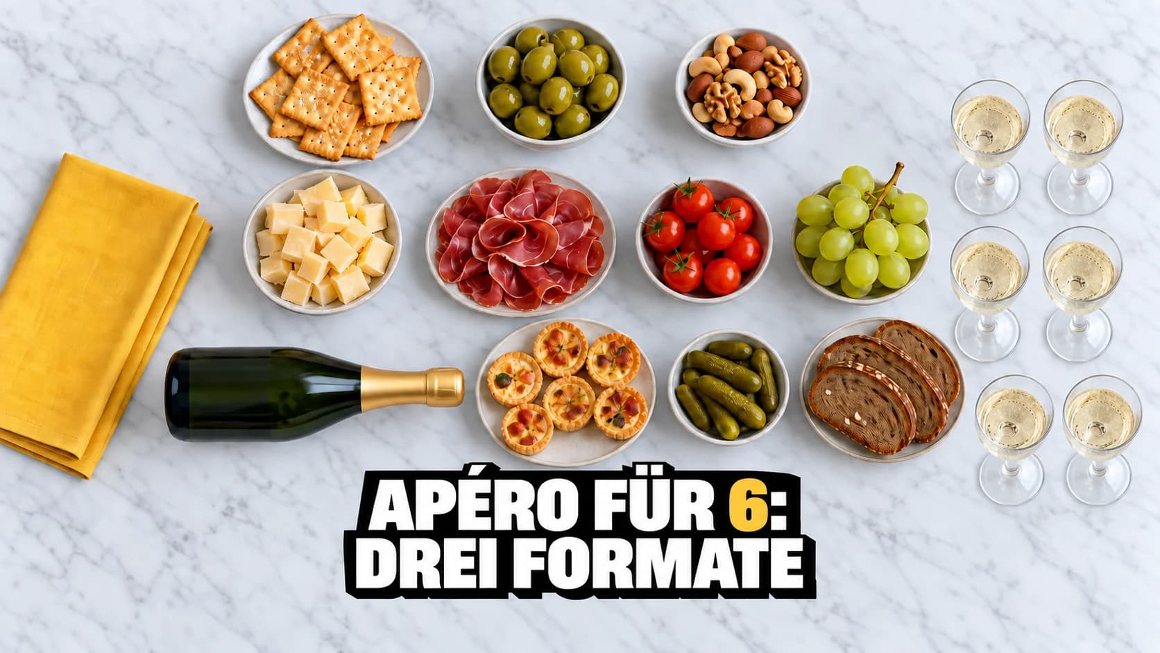Drei zunehmend reichhaltige Reihen Apérohäppchen auf weissem Marmor neben sechs Gläsern.