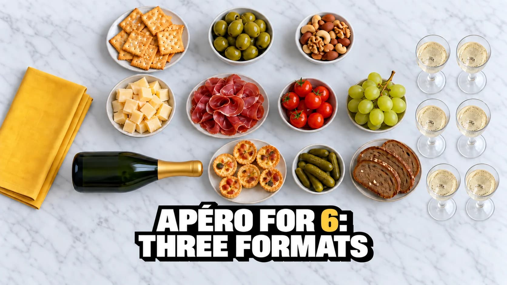 Three increasingly generous rows of aperitif snacks on white marble beside six glasses.