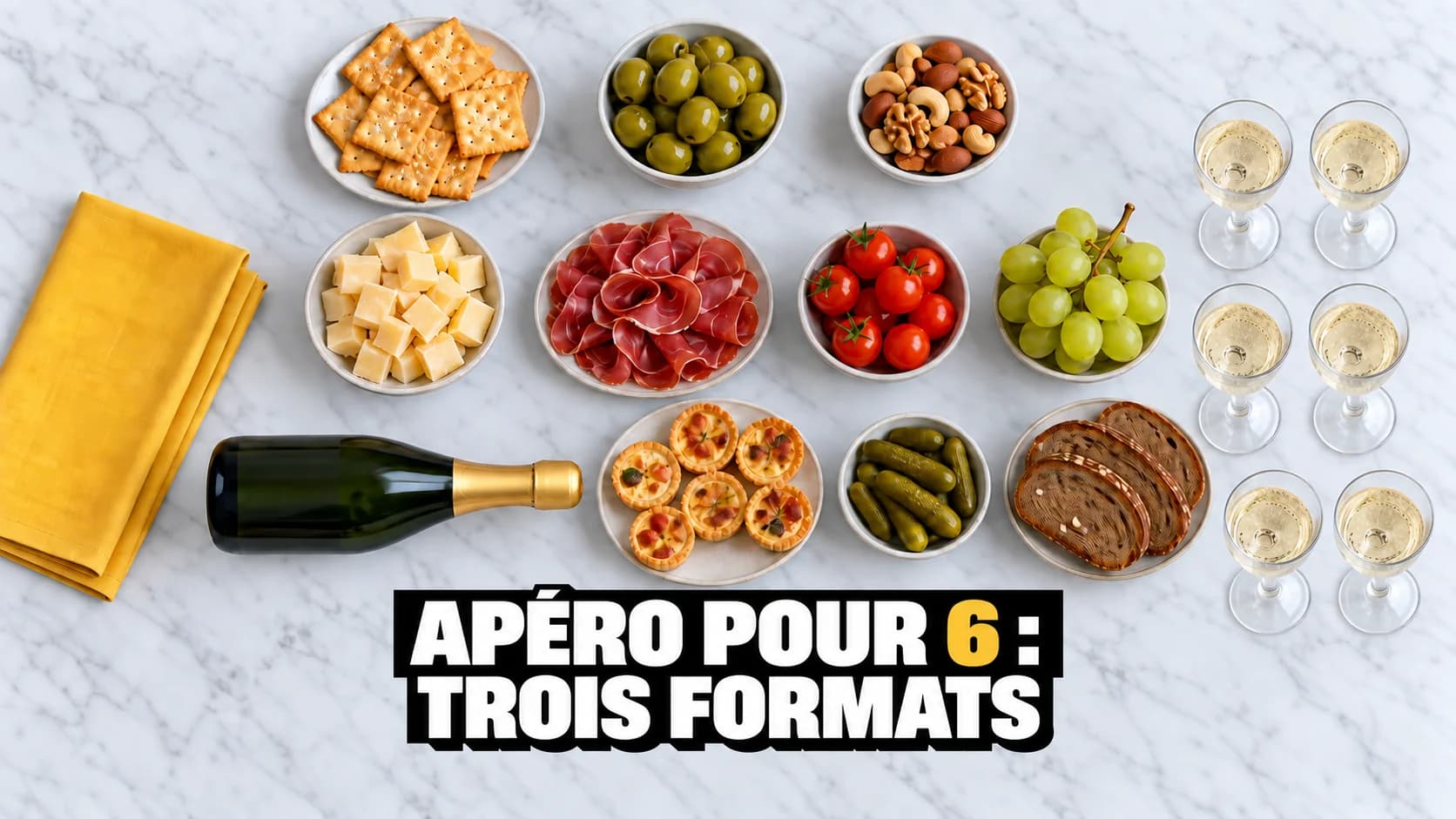 Trois rangées d’amuse-bouches de plus en plus garnies sur marbre blanc, avec six verres.