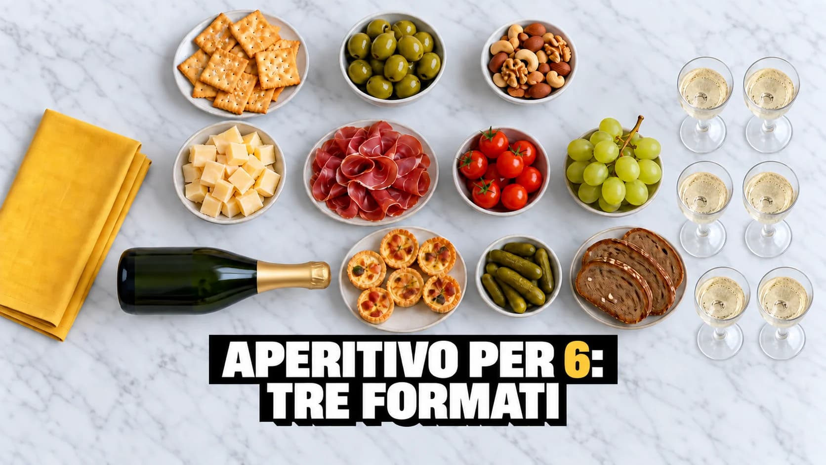 Flat lay su marmo bianco con tre file di stuzzichini sempre più ricche e sei bicchieri allineati sul bordo
