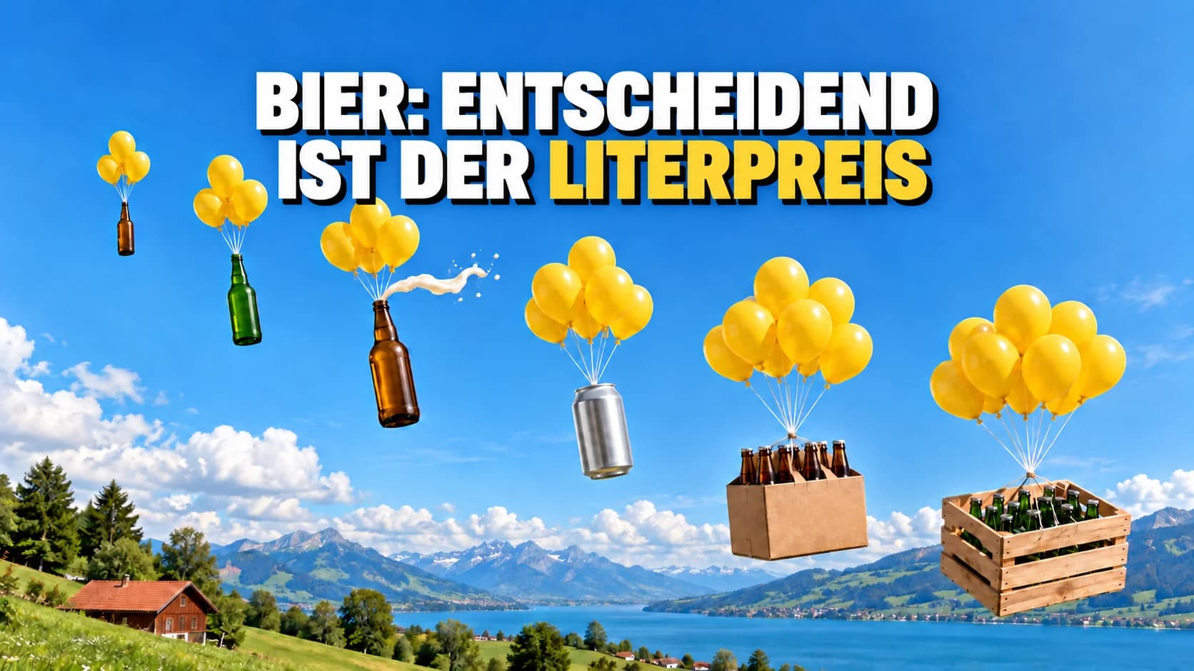 Unbeschriftete Bierflaschen und eine Holzkiste steigen an gelben Ballons in den Himmel.