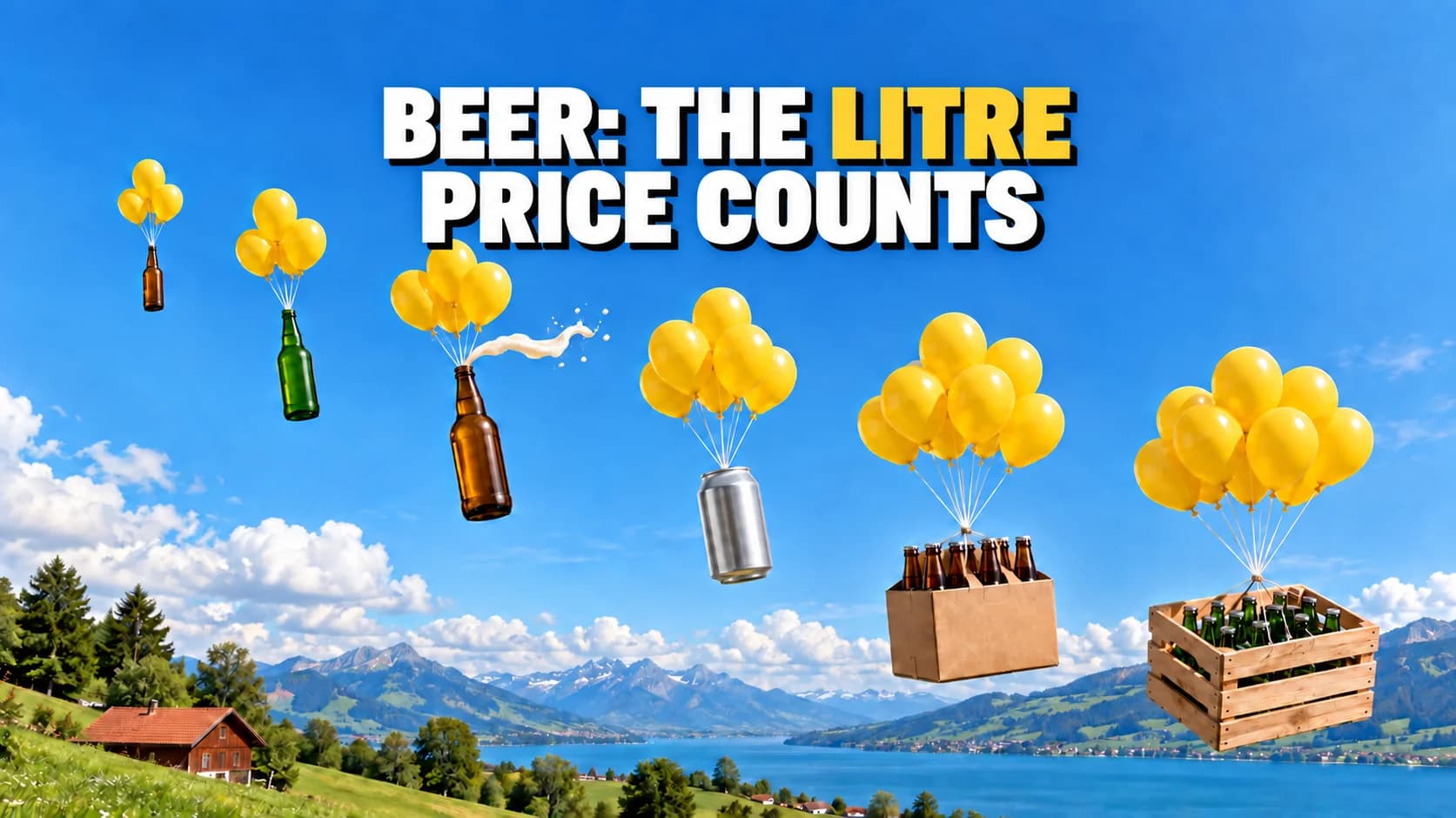 Unlabelled beer bottles and a wooden crate rise into the sky on yellow balloons.